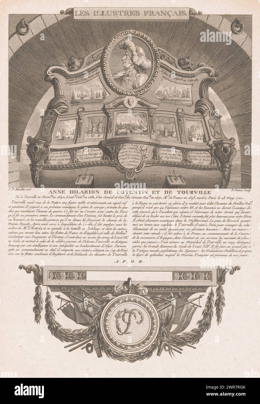 Allegorisches Porträt von Anne Hilarion de Tourville, Porträts französischer historischer Figuren (Serientitel), Les illustres francais, ou tableaux historiques des grands hommes de la France (Serientitel), Druckerei: Nicolas Ponce, nach Zeichnung von: Clément Pierre Marillier, Franse kroon, Frankreich, 1790 - 1816, Papier, Ätzen, Gravieren, Höhe 336 mm x Breite 226 mm, Druck Stockfoto
