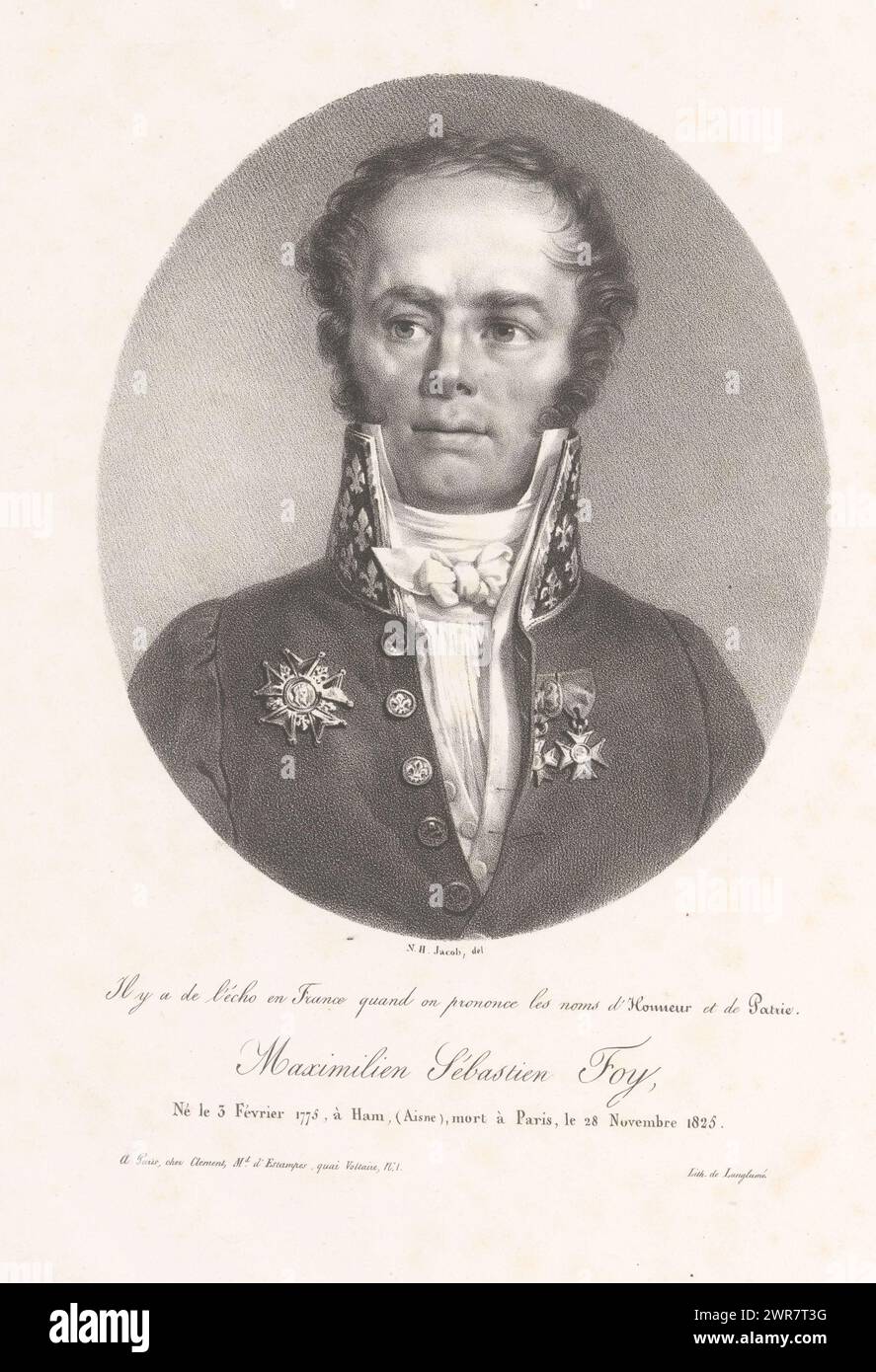 Porträt von Maximilien Sébastien Foy, Maximilien Sébastien Foy (Titel über Objekt), Druckerei: Nicolas Henri Jacob, Drucker: Pierre Langlumé, Verlag: Clément (uitgever), Paris, 1826 - 1827, Papier, Höhe 440 mm x Breite 304 mm, bedruckt Stockfoto