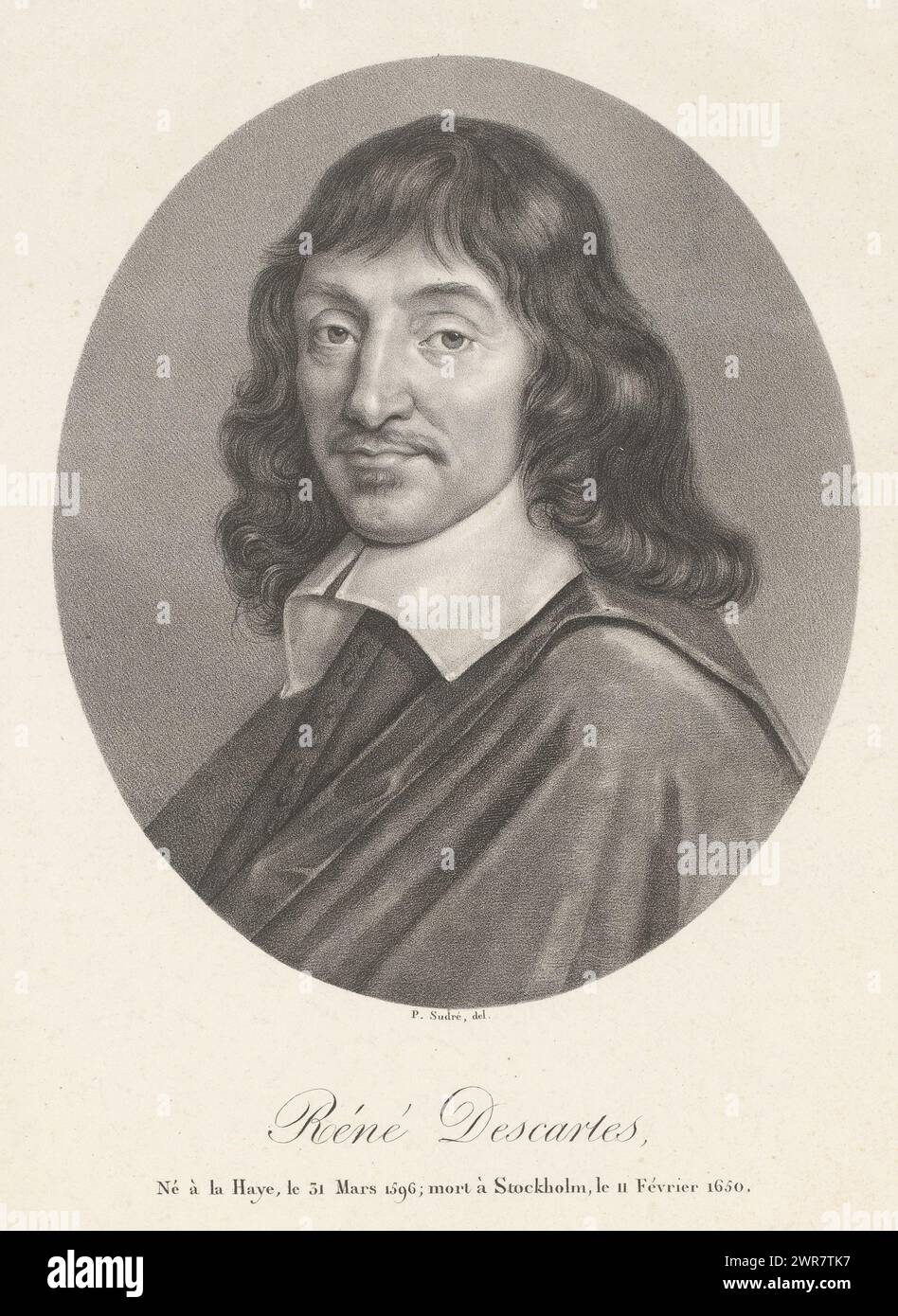 Porträt von René Descartes, Réné Descartes (Titel auf Objekt), Porträt französischer Prominenter (Titel der Serie), Le panthéon francais (Titel der Serie), Druckerei: Jean Pierre Sudre (1783-1866), Drucker: Francois Jean Villain, Paris, 1820 - 1827, Papier, Höhe 380 mm x Breite 282 mm, Druck Stockfoto