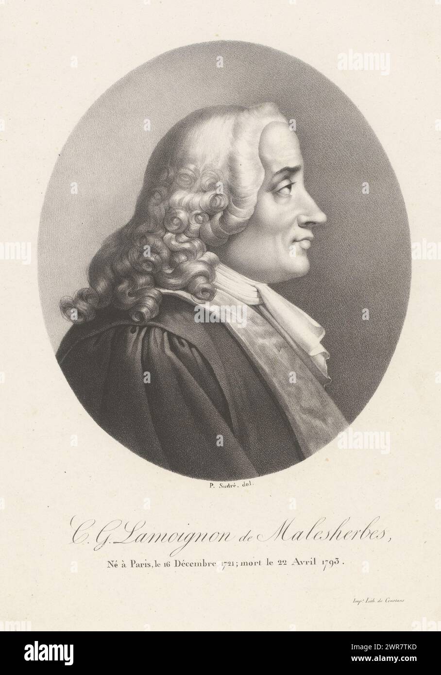 Porträt von Guillaume-Chrétien de Lamoignon de Malesherbes, C.G. Lamoignon de Malesherbes (Titel auf Objekt), Porträts französischer Berühmtheiten (Titel der Serie), Le panthéon francais (Titel der Serie), Druckerei: Jean Pierre Sudre (1783-1866), Drucker: Charles Louis Constans, 1824, Papier, Höhe 415 mm x Breite 287 mm, Druck Stockfoto