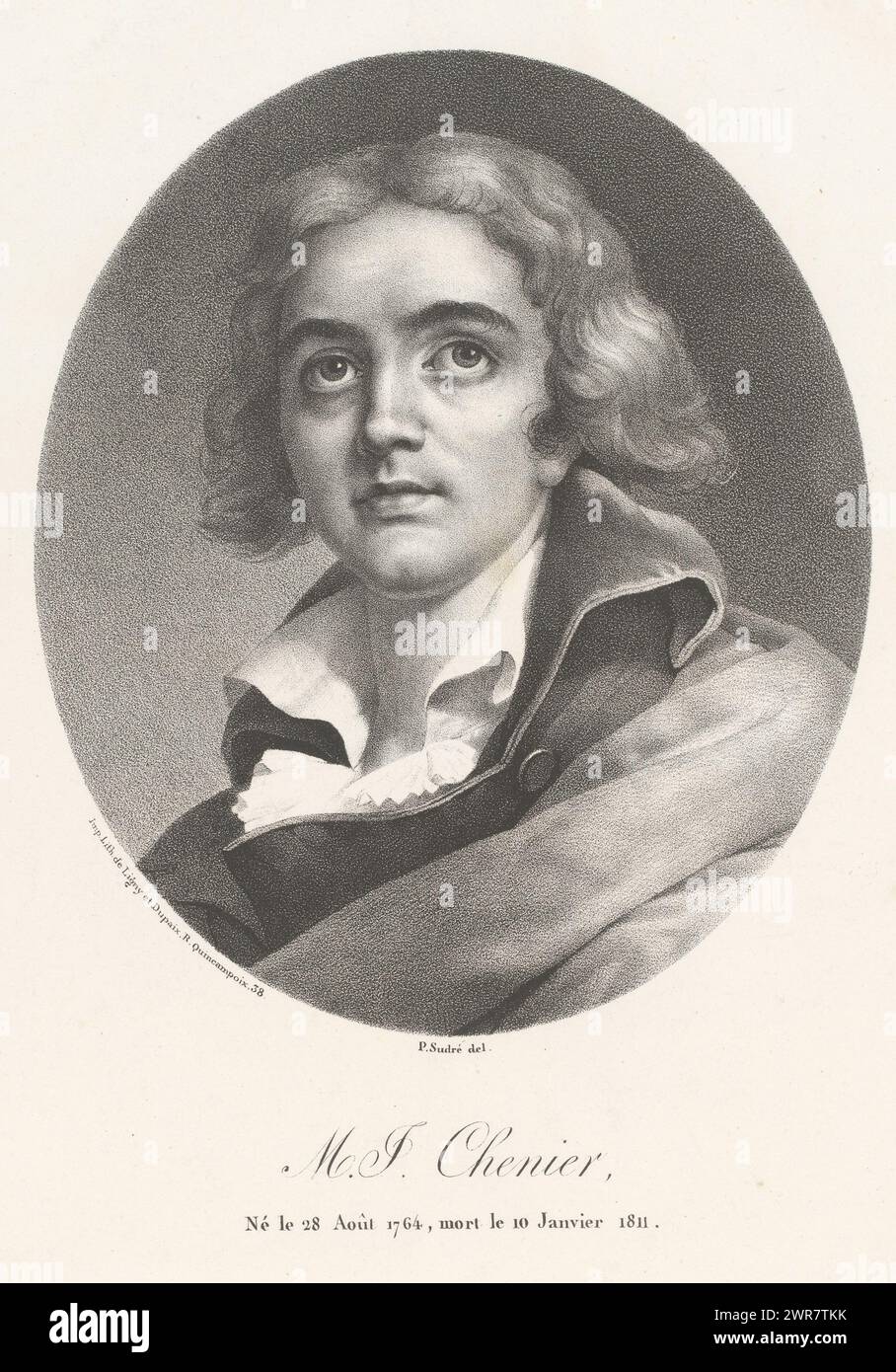 Porträt von Marie-Joseph Chénier, M. J. Chenier (Titel auf Objekt), Porträts französischer Prominenter (Titel der Serie), Le panthéon francais (Titel der Serie), Druckerei: Jean Pierre Sudre (1783-1866), Drucker: Ligny et Dupaix, Paris, 1826, Papier, Höhe 494 mm x Breite 327 mm, Druck Stockfoto