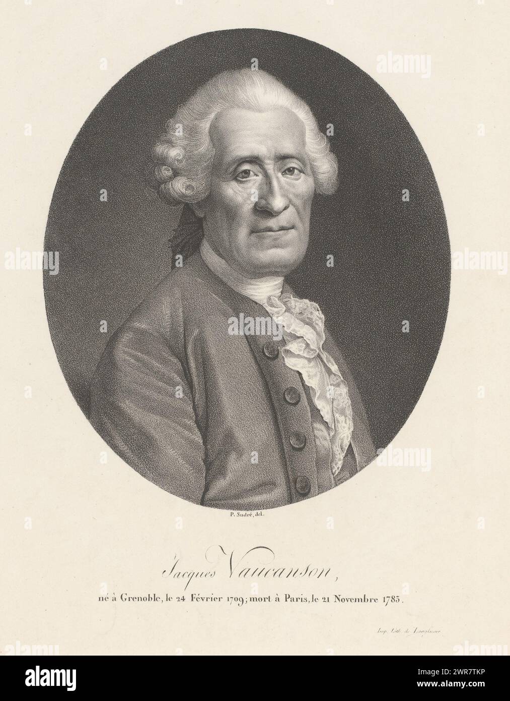 Porträt des Erfinders Jacques de Vaucanson, Jacques Vaucanson (Titel auf Objekt), Porträt französischer Berühmtheiten (Titel der Serie), Le panthéon francais (Titel der Serie), Druckerei: Jean Pierre Sudre (1783-1866), Drucker: Pierre Langlumé, Paris, 1820 - 1827, Papier, Höhe 435 mm x Breite 293 mm, bedruckt Stockfoto