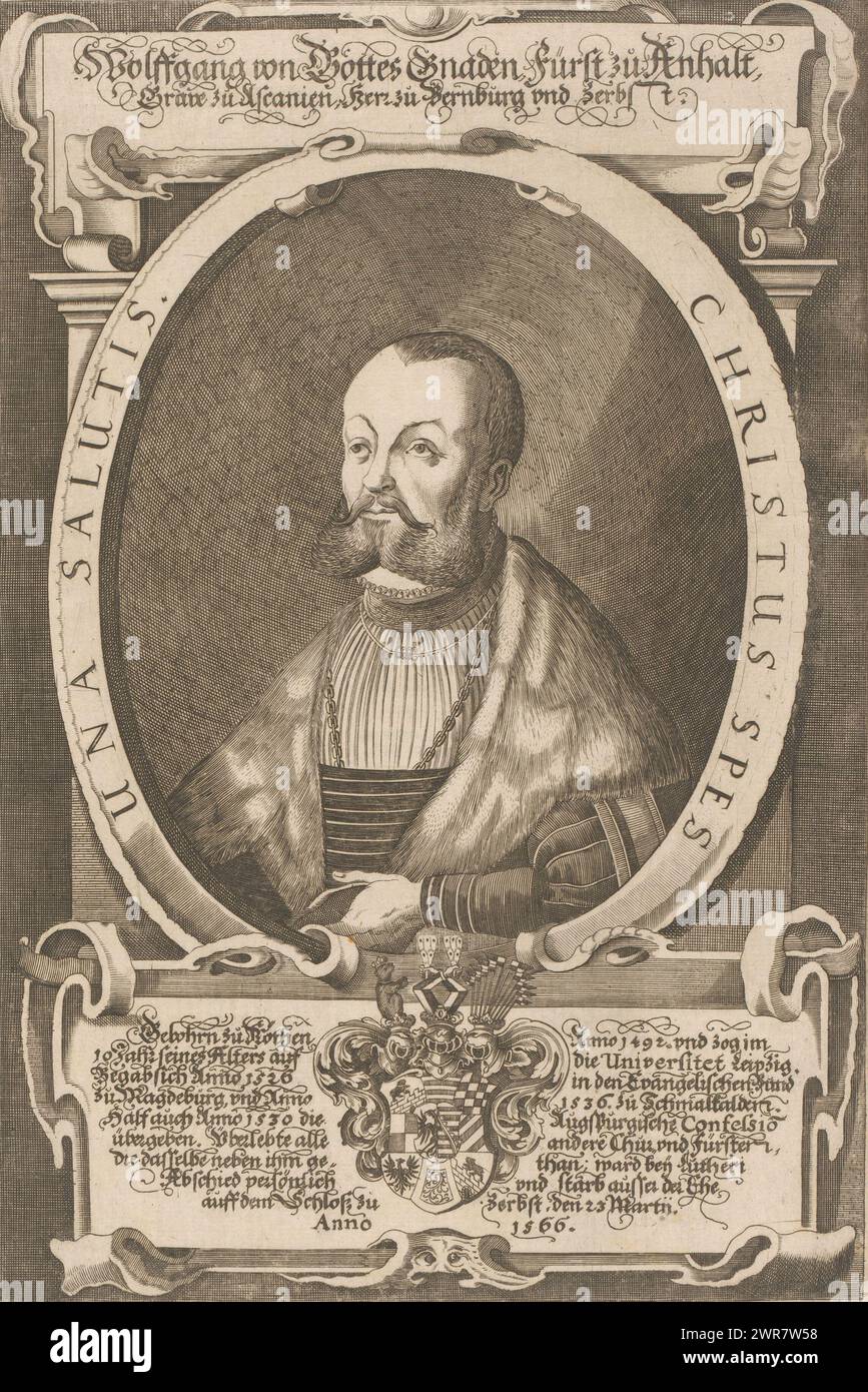 Porträt Wolfgang von Anhalt, Wolffgang von Gottes Gnaden, fürst zu Anhalt, Grave zu Ascanien, Herr zu Bernburg und Zerbst (Titel auf Objekt), Druckerei: Georg Walch, (evtl.), Neurenberg, um 1632 - ca. 1654, Papier, Gravur, Höhe 277 mm x Breite 185 mm, Druck Stockfoto