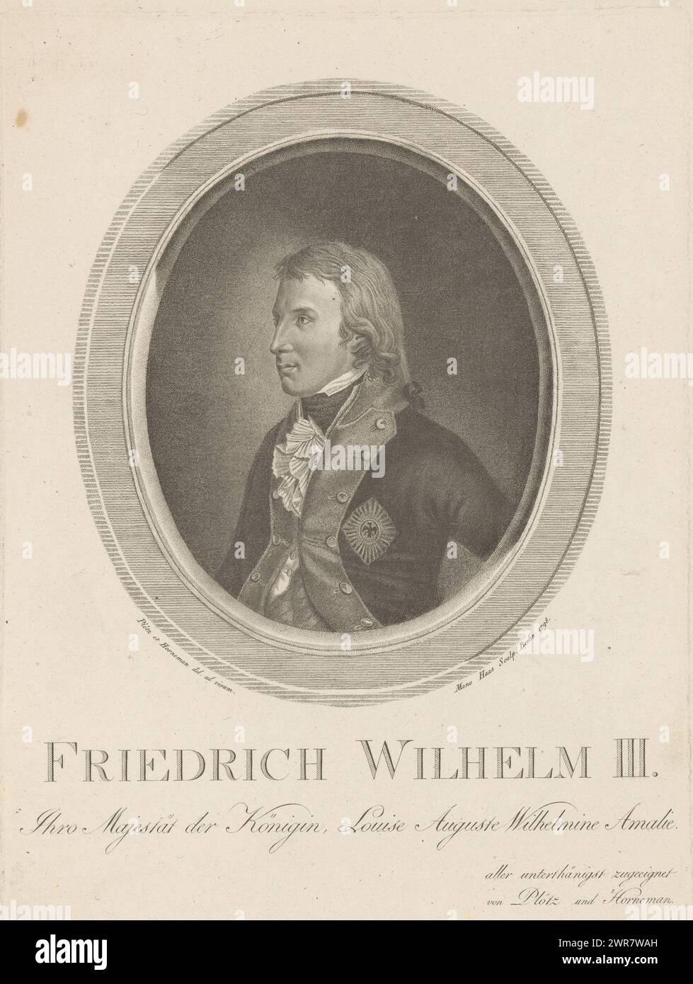 Porträt von Friedrich Wilhelm III., Druckerei: Meno Haas, nach Zeichnung von: Henrik Ploetz, nach Zeichnung von: Christian Hornemann, Berlin, 1780 - 1833, Papier, Radierung, Höhe 255 mm x Breite 190 mm, bedruckt Stockfoto