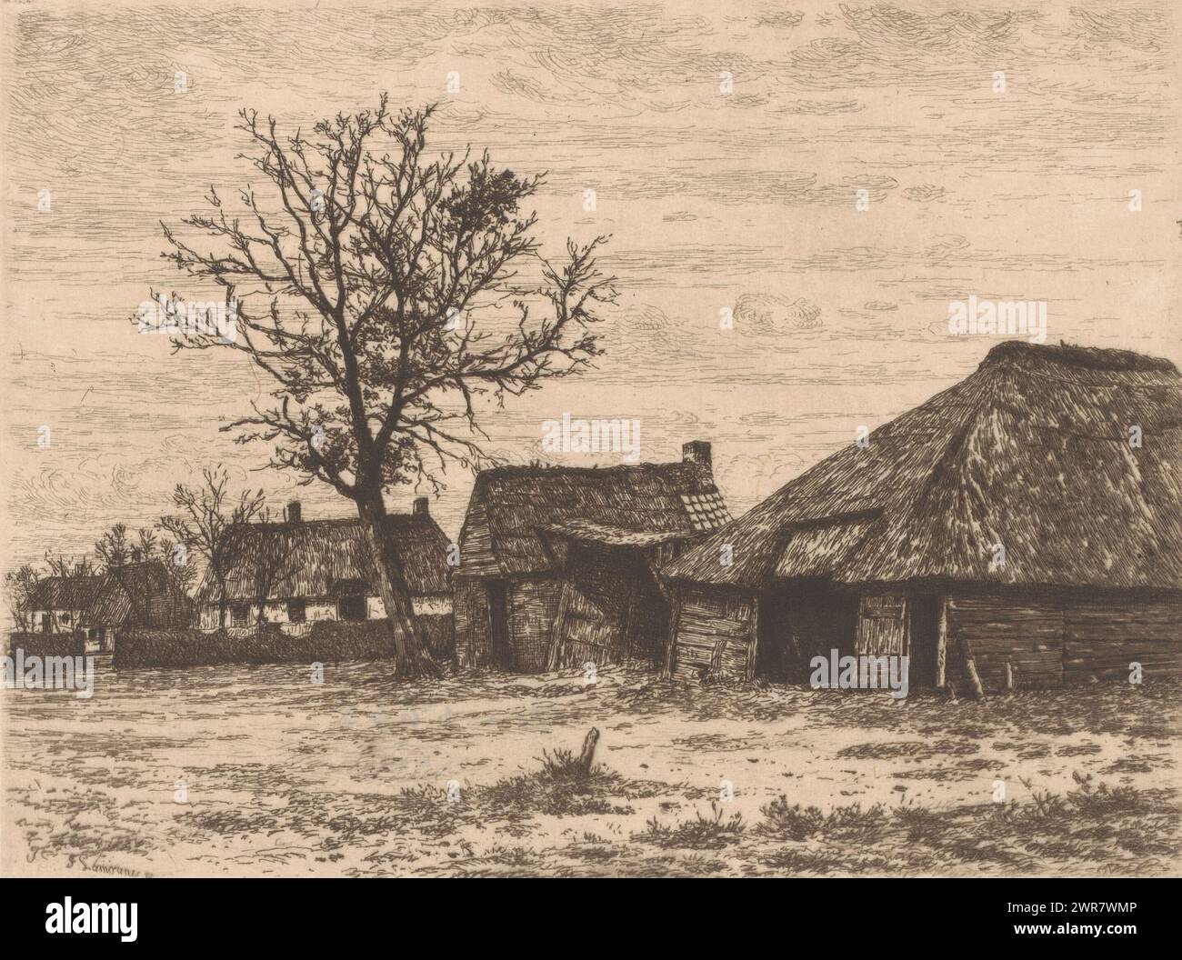 Ansicht von Bauernhöfen und Scheunen, Druckerei: Jean Pierre Francois Lamorinière, 1838 - 1911, Papier, Ätzen, Trockenspitzen, Höhe 181 mm x Breite 239 mm, bedruckt Stockfoto