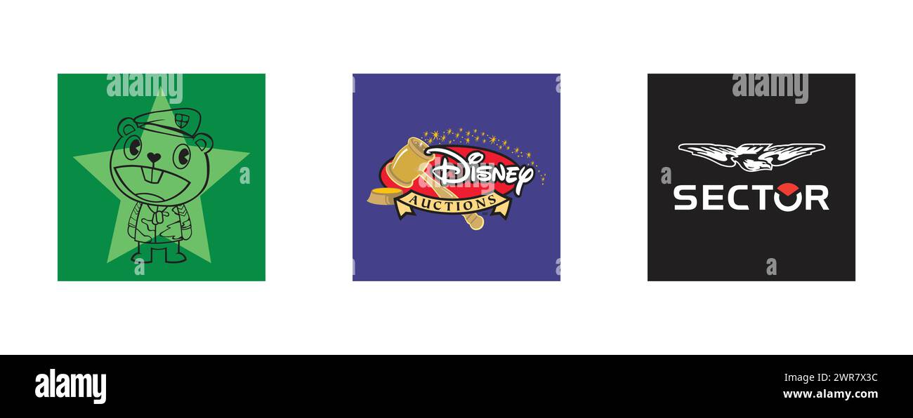 Disney Auktionen, Sektor Sportuhren, Flippy. Kunst und Design Vektor-Logo auf isoliertem Hintergrund. Stock Vektor