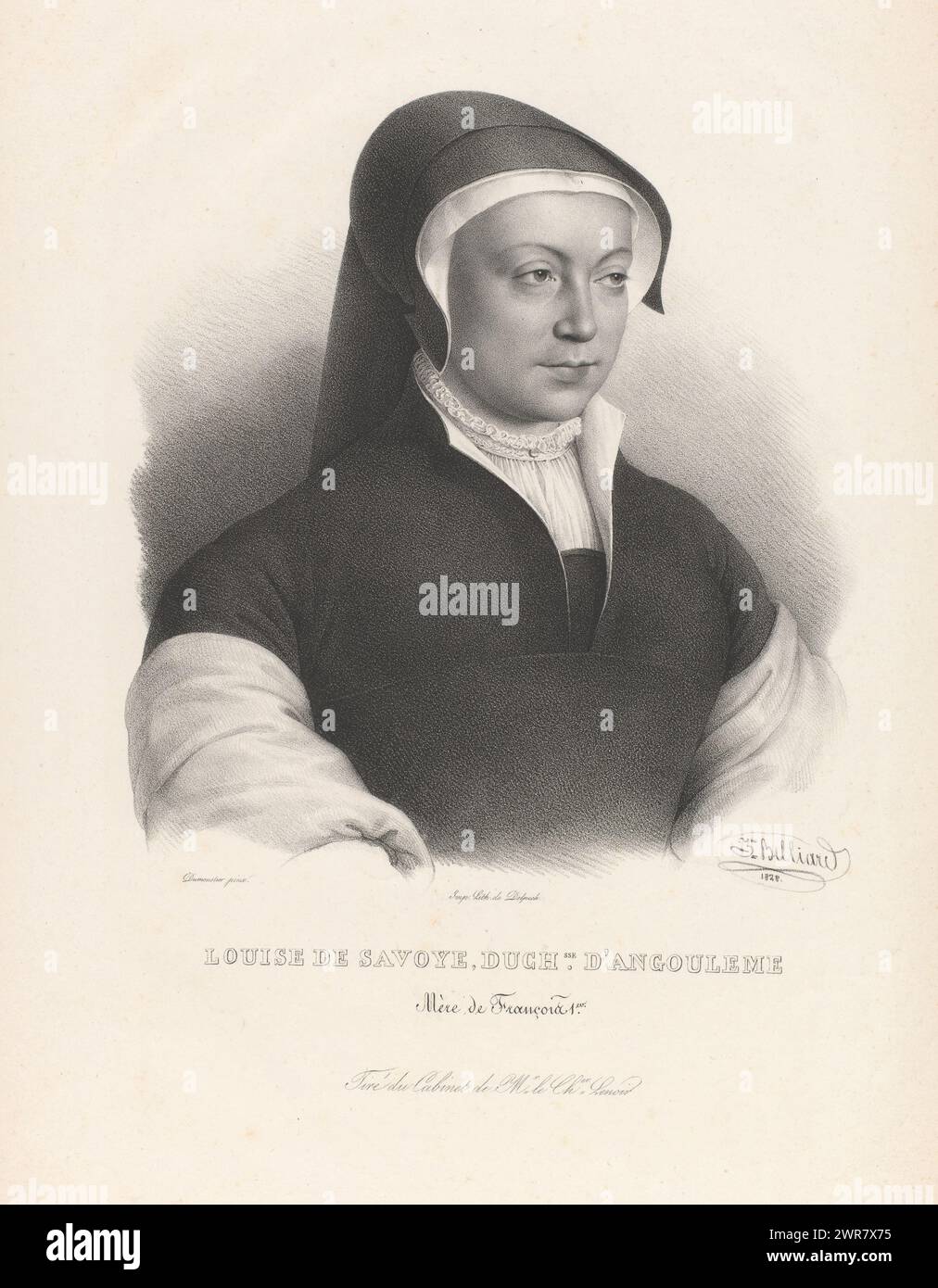 Porträt von Louise, Prinzessin von Savoy, Louise de Savoy, duch.sse d'Angoulême (...) (Titel auf Objekt), zweihundert Porträts zwischen den Regierungszeiten von Karl VII. Und Ludwig XVI. Von Frankreich (Serientitel), Druckerei: Zéphirin Félix Jean Marius Belliard, nach Malerei von: Dumonstier, Drucker: veuve Delpech (Naudet), Paris, 1828, Papier, Höhe 487 mm x Breite 325 mm, Druck Stockfoto