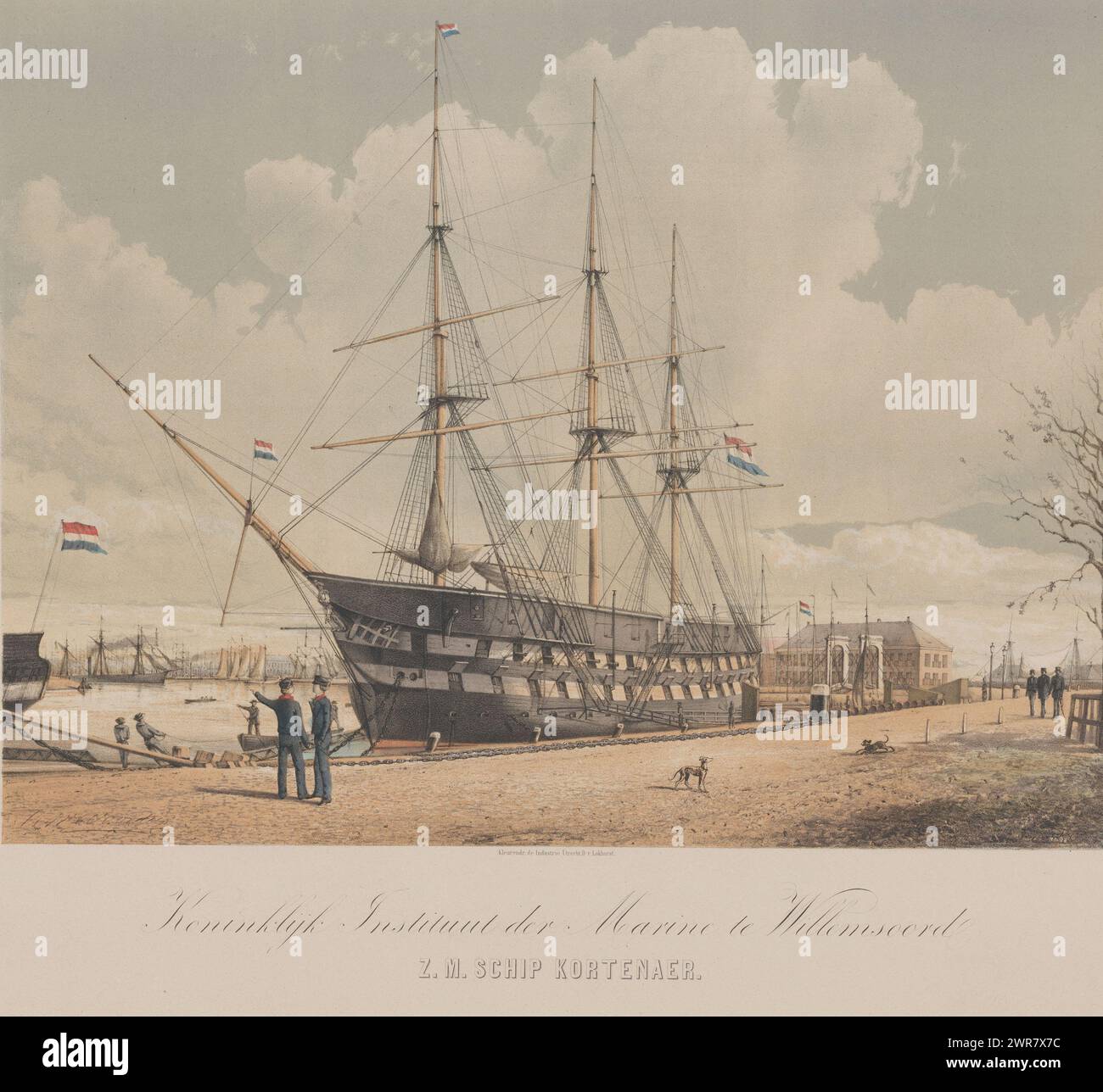 Linienschiff Z.M. Kortenaer, Royal Institute of the Navy in Willemsoord / Z.M. Schiff Kortenaer (Titel auf Objekt), ZR. Frau Kortenaer als Wachschiff in der alten Willemsoord Regierungswerft., Druckerei: Gerard Voorduin, Druckerei: Steendrukkerij de Industrie, Verlag: Dirk van Lokhorst, Druckerei: Niederlande, Drucker: Utrecht, Verlag: Utrecht, 1851 - 1880, Papier, Höhe 467 mm x Breite 581 mm, bedruckt Stockfoto