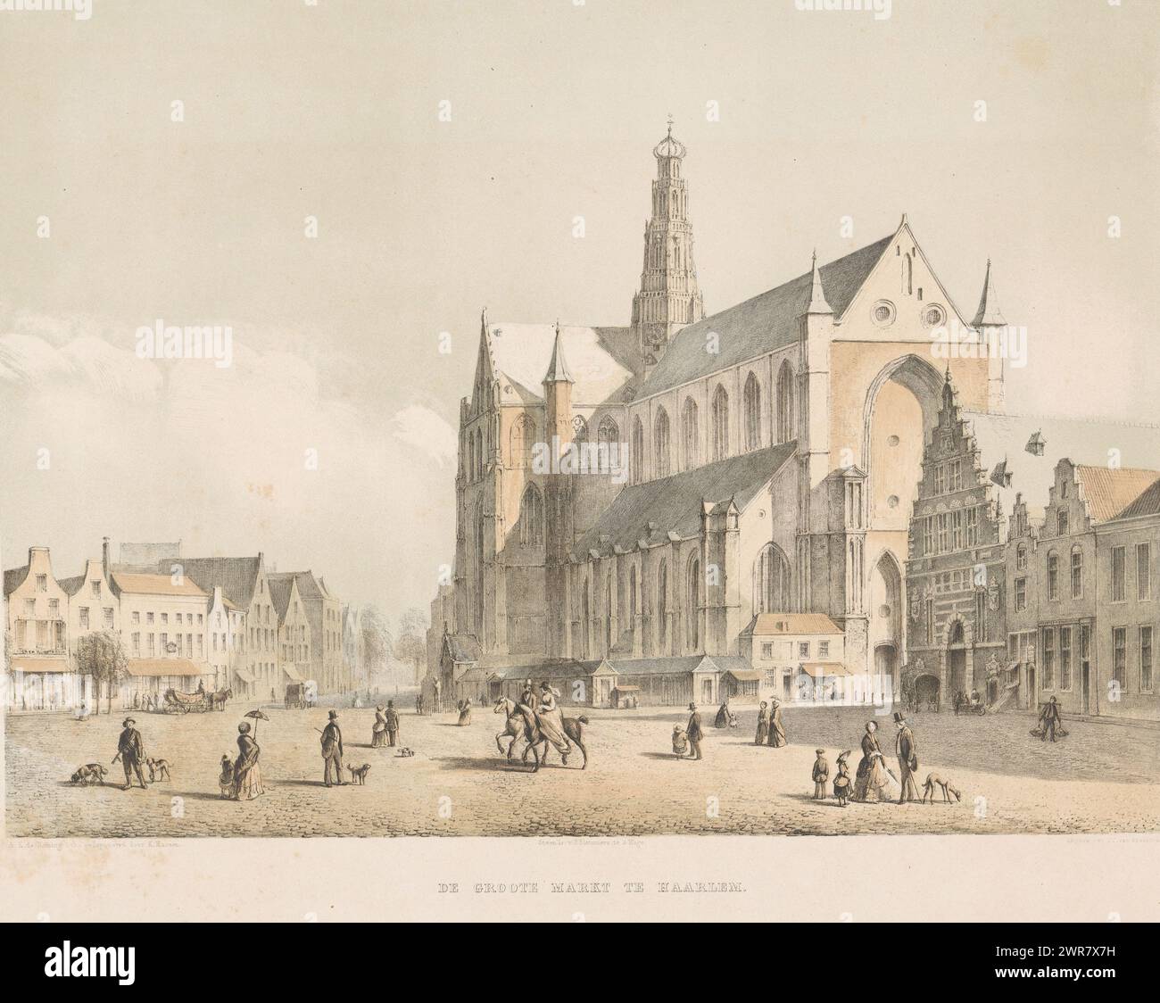 Ansicht der Kirche Sint-Bavo und des Grote Marktes in Haarlem, de Groote Markt in Haarlem (Titel zum Objekt), Druckerei: Arie Ketting de Koningh, nach Entwurf: Kasparus Karsen, Drucker: P. Blommers (Steendrukkerij van), Drucker: The Haag, Verlag: Haarlem, 1847 - 1883, Papier, Höhe 483 mm x Breite 656 mm, bedruckt Stockfoto