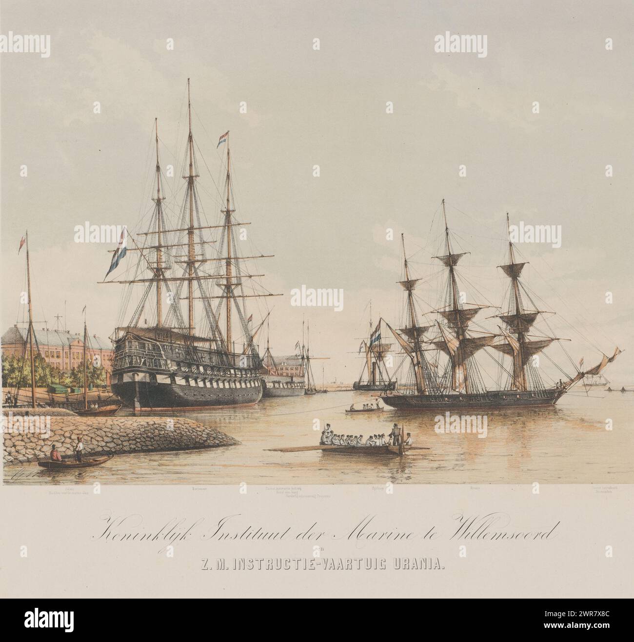 Corvette Z.M. Urania und Schiff der Linie Z.M. Kortenaert, Royal Institute of the Navy in Willemsoord und Z.M. Instruktionsschiff Urania (Titel auf Objekt), Instruktionsschiff ZR. Frau Urania und Wachschiff ZR. Frau Kortenaer in der alten Willemsoord Regierungswerft., Druckerei: Gerard Voorduin, Drucker: Steendrukkerij de Industrie, Verlag: Dirk van Lokhorst, Utrecht, 1851 - 1880, Papier, Höhe 463 mm x Breite 572 mm, Druck Stockfoto