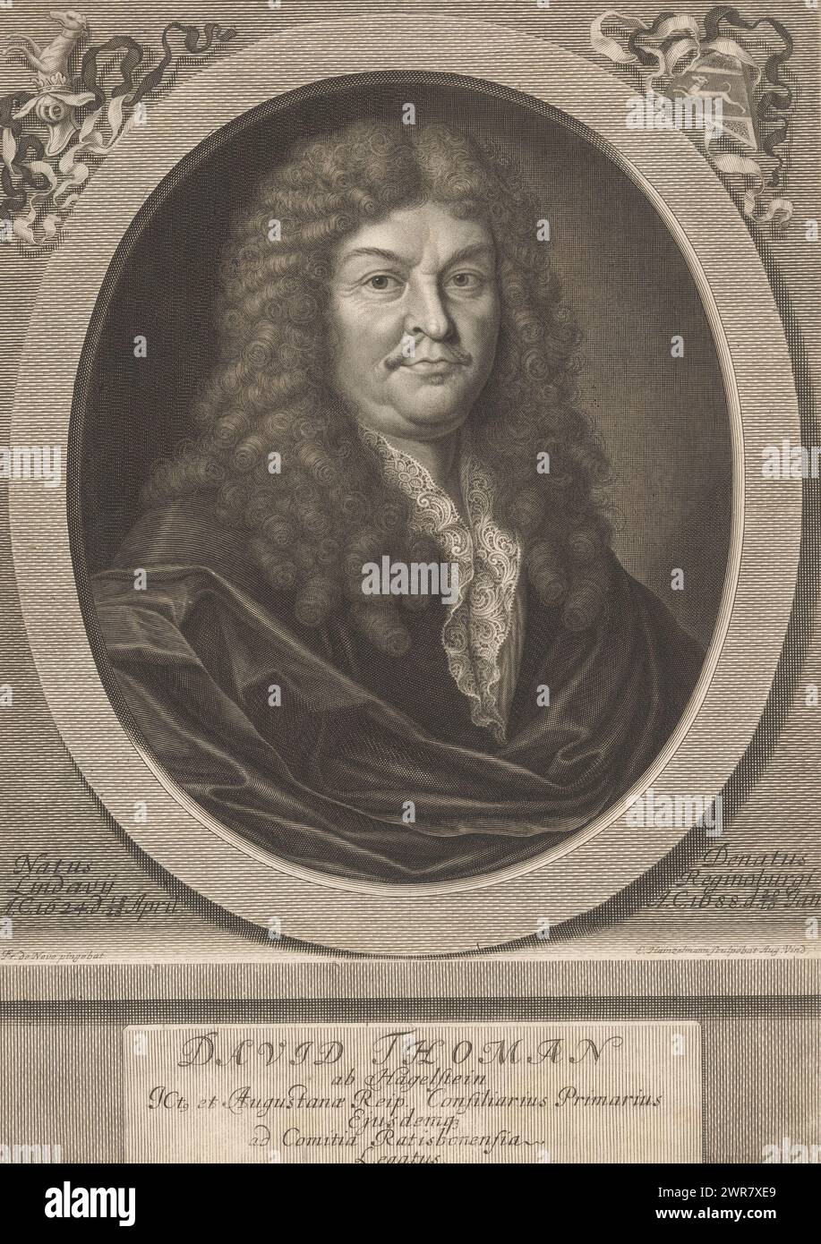 Porträt von David Thomann von Hagelstein, Druckerei: Elias Hainzelmann, nach Malerei von: Franciscus de Neve, Augsburg, 10-Jan-1688 - 1693, Papier, Stich, Höhe 383 mm x Breite 277 mm, bedruckt Stockfoto