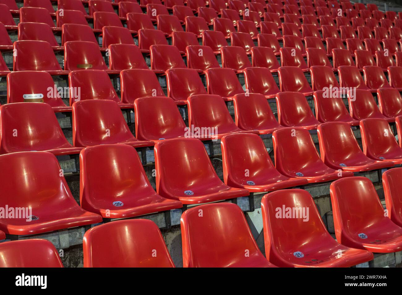 Das Rheinenergie-Stadion in Köln ist eines der Stadien der Fußball-Europameisterschaft 2024. Sitzreihen im Stadion Stockfoto