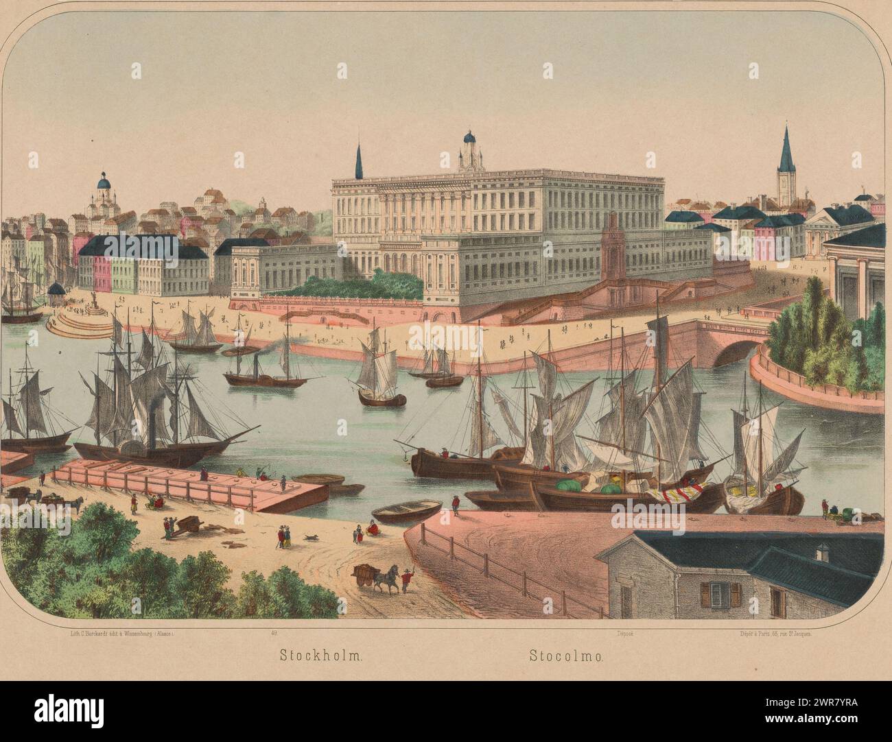 Ansicht Stockholm, Stockholm / Stocolmo (Titel auf Objekt), Ansicht Stockholm, mit dem Königlichen Palast in der Mitte., Druckerei: Anonym, Verlag: Charles Burckhardt, Wissembourg, 1870 - 1889, Papier, Höhe 488 mm x Breite 638 mm, bedruckt Stockfoto