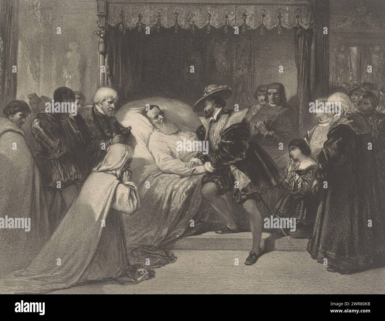 Leonardo da Vinci auf seinem Sterbebett in Fontainebleau, Mort de Léonard de Vinci à Fontainebleau (Titel zum Objekt), Druckerei: Adolphe Mouilleron, nach Malerei von Louis Gallait, Drucker: Victor Jacques Bertauts, Drucker: Paris, Verlag: Brüssel, Verlag: Berlin, 1851 - 1865, Papier, Höhe 430 mm x Breite 530 mm, bedruckt Stockfoto