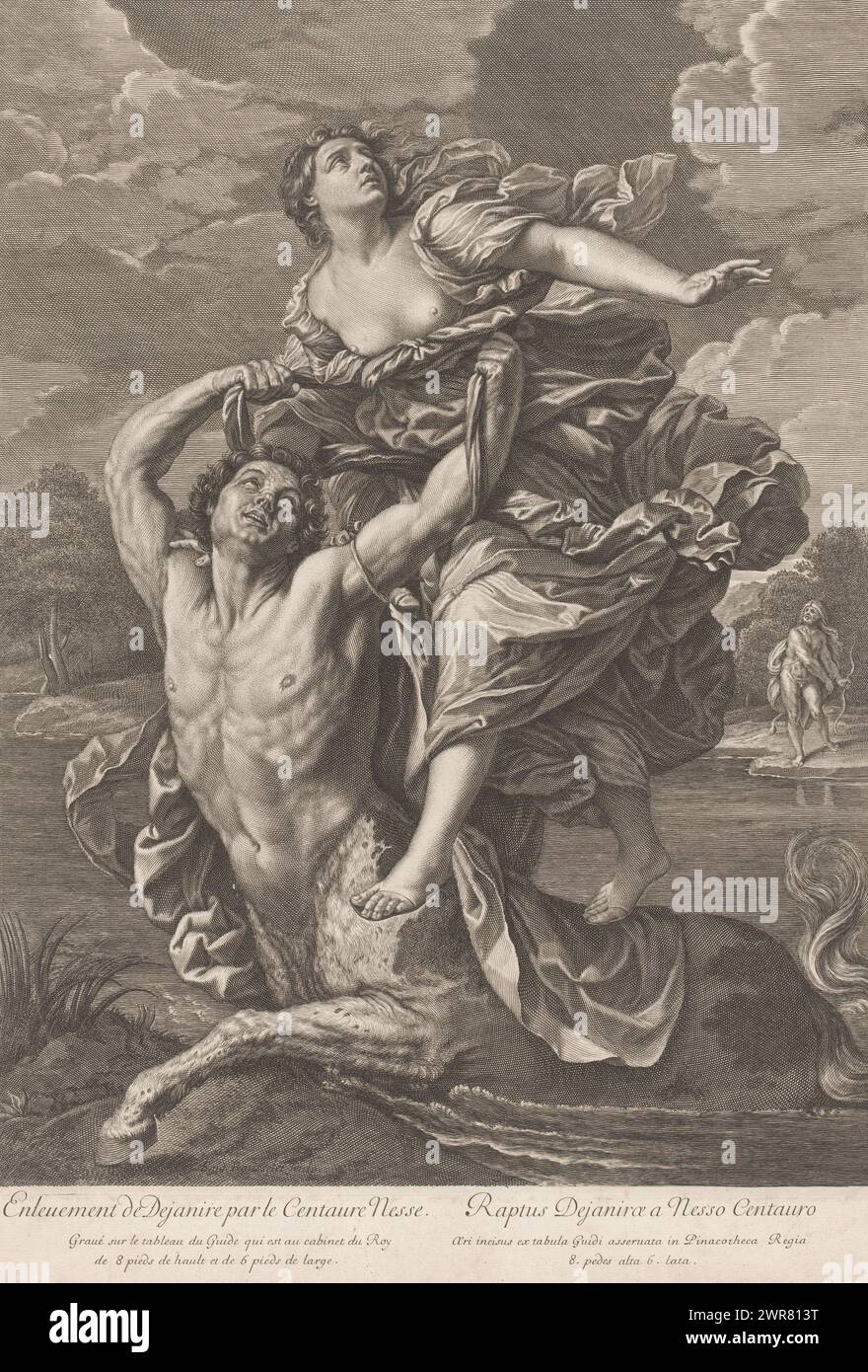 Deianeira entführt durch den Zentauren Nessus, im Hintergrund Herkules mit Pfeil und Bogen, Enleuement de Dejanire par le Centaure Nesse (Titel über Objekt), Arbeiten des Herkules (Titel der Serie), Druckerei: Gilles Rousselet, nach Malerei von: Guido Reni, 1620 - 1686, Papier, Gravur, Radierung, Höhe 431 mm x Breite 296 mm, bedruckt Stockfoto
