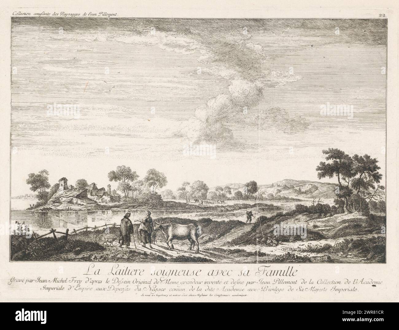 Flusslandschaft, La laitière soigneuse avec sa famille (Titel über Objekt), Druckerei: Johann Michael Frey, nach Malerei von Jean Baptiste Pillement, Keizerlijk hof, 1760 - 1818, Papier, Ätzen, Höhe 308 mm x Breite 423 mm, bedruckt Stockfoto