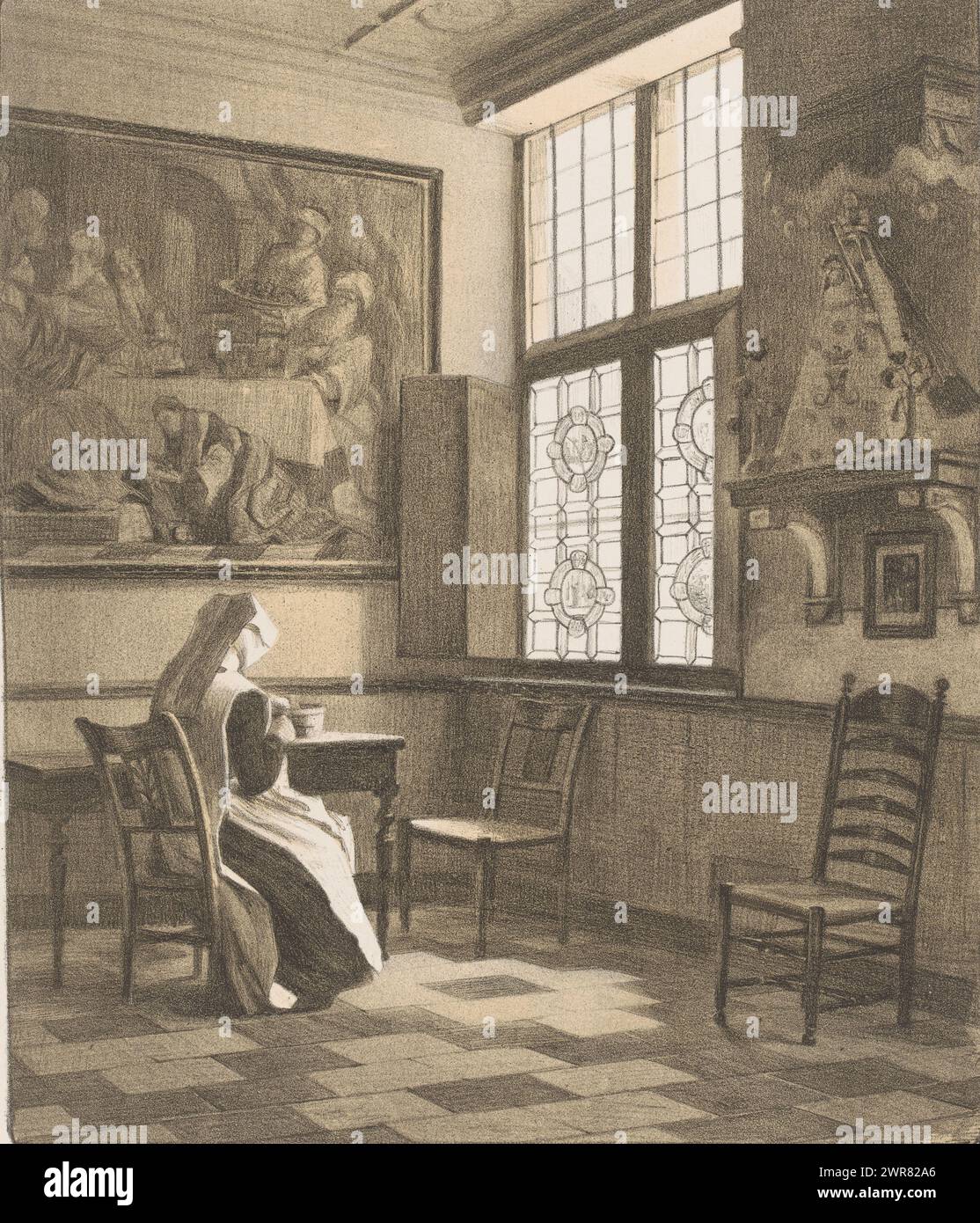 Klosterzimmer mit Nonne, Druckerei: René Janssens, 1880 - 1936, Papier, Höhe 446 mm x Breite 345 mm, Druck Stockfoto