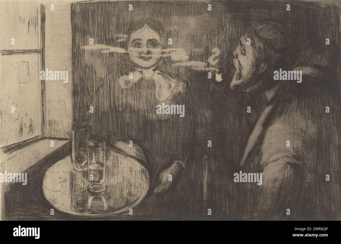 Frau und Pfeifenrauchender Mann am Tisch, Tête-à-Tête (Originaltitel), der Mann im Druck ist der norwegische Maler Karl Jensen-Hjell., Druckmacher: Edvard Munch, 1894, Papier, Ätzen, Trockenspitzen, Höhe 220 mm x Breite 328 mm, bedruckt Stockfoto