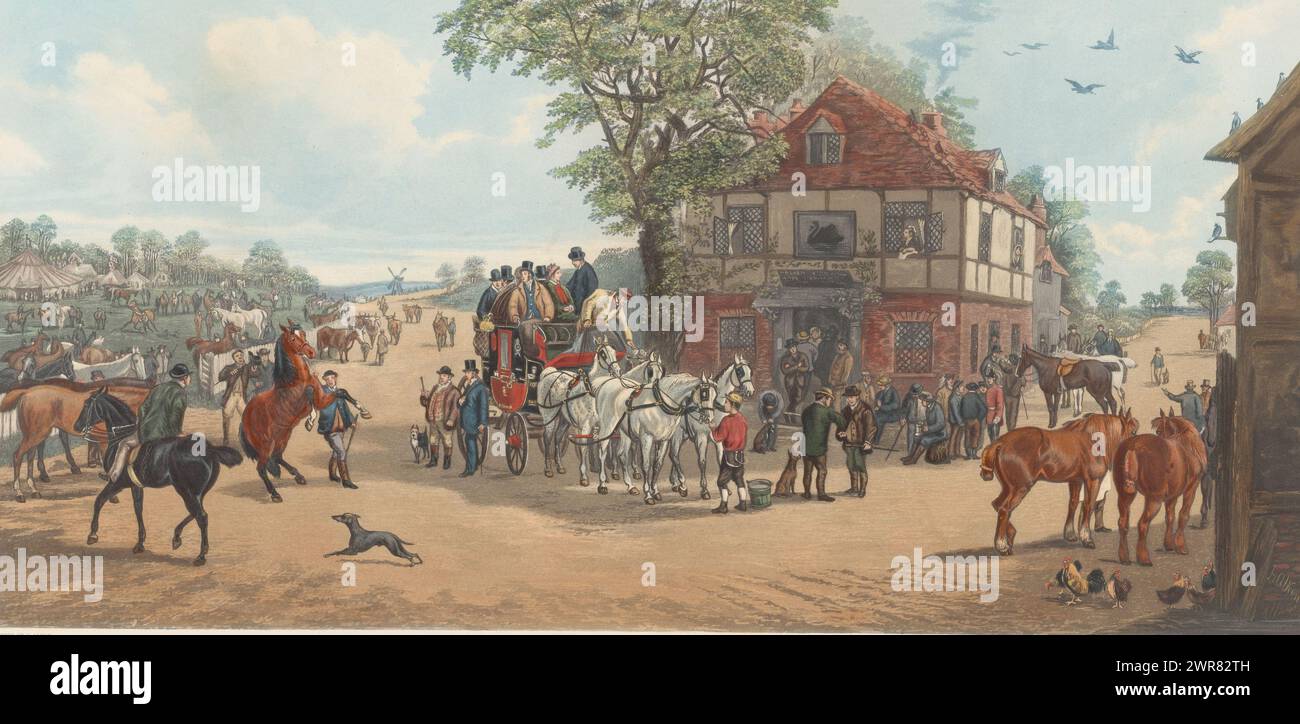 People and Horses in a Village Street, The Hall at the Black Swan (Titel über Objekt), Druckerei: C.R. Stock, nach Malerei von: Henry Alken (I), Verlag: G.P. McQueen, Druckerei: England, nach Malerei von: London, Verlag: London, Verlag: Berlin, 15-Mai-1882, Papier, Pinsel, Ätzen, Höhe 401 mm x Breite 679 mm, bedruckt Stockfoto