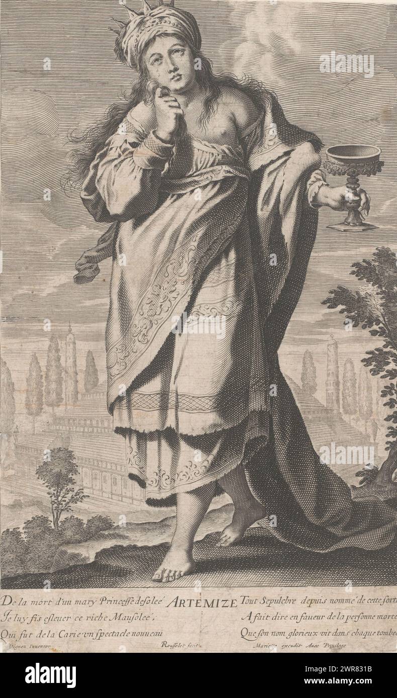 Artemisia II im Mausoleum von Halikarnassus, Sieben Wunder der Welt (Titel der Serie), Sept Merveilles du Monde (Titel der Serie), Druckerei: Gilles Rousselet, Druckerei: Abraham Bosse, nach Entwurf: Claude Vignon, Frankreich, 1639 - 1640, Papier, Gravur, Ätzen, Höhe 345 mm x Breite 214 mm, bedruckt Stockfoto