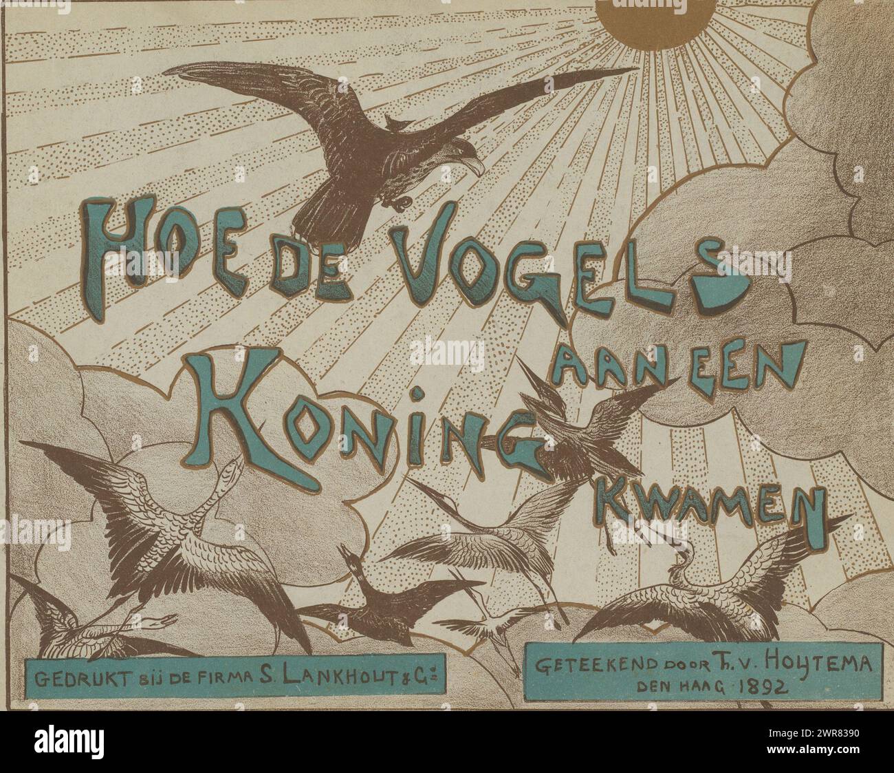 Cover für die Serie „How the Birds got a King“, How the Birds Got a King (Originaltitel der Serie auf Objekt), Cover mit zwei Drucksätzen aus der Serie von 31 Drucken. Auf der Vorderseite des Covers ist der Titeldruck zu sehen, der den Zaunkern auf der Rückseite des Adlers zeigt, der zur Sonne aufsteigt, gefolgt von anderen Vögeln. Auch eine lose Platte mit einem Geschenkwunsch von 1892 (siehe Inschriften)., Druckerei: Theo van Hoytema, Drucker: Firma S. Lankhout & Co., den Haag, 1892, Karton, Buchdruck, Höhe 338 mm x Breite 415 mm x Dicke 23 mm x Breite c . 855 mm, Höhe 240 mm x Breite 290 mm Stockfoto
