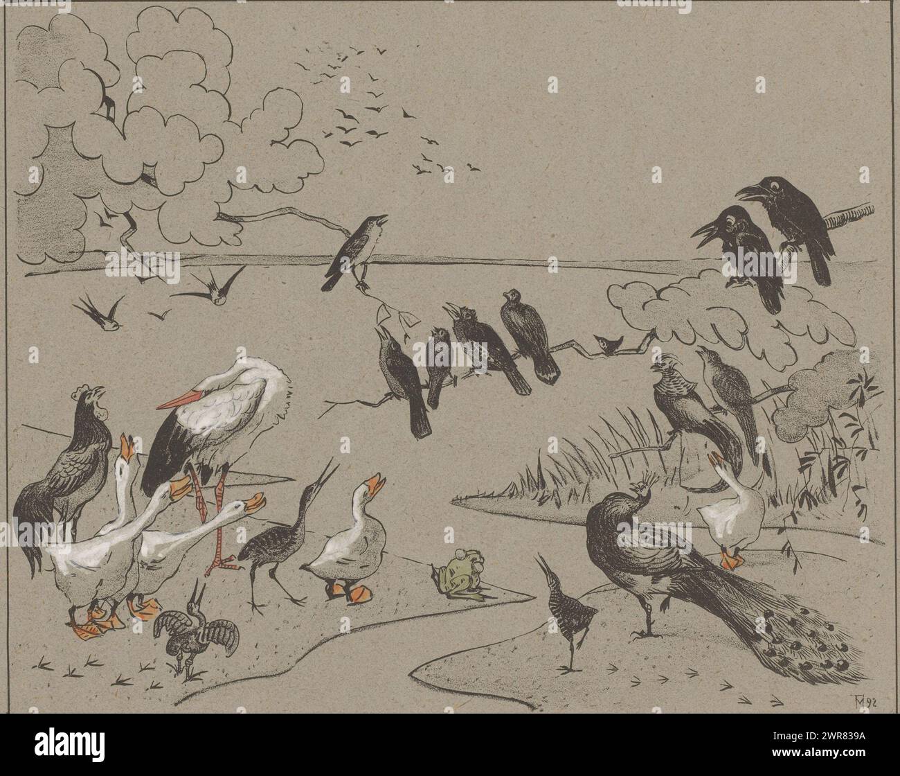 Gruppe von verschiedenen Vögeln und einem Frosch, wie die Vögel einen König bekommen (Originaltitel der Serie), einschließlich Gänse, Pfau, Krähen, Hahn und Schwalben., Druckerei: Theo van Hoytema, Drucker: Firma S. Lankhout & Co., the Hague, 1892, Papier, Höhe 224 mm x Breite 281 mm, Höhe 319 mm x Breite 408 mm, bedruckt Stockfoto