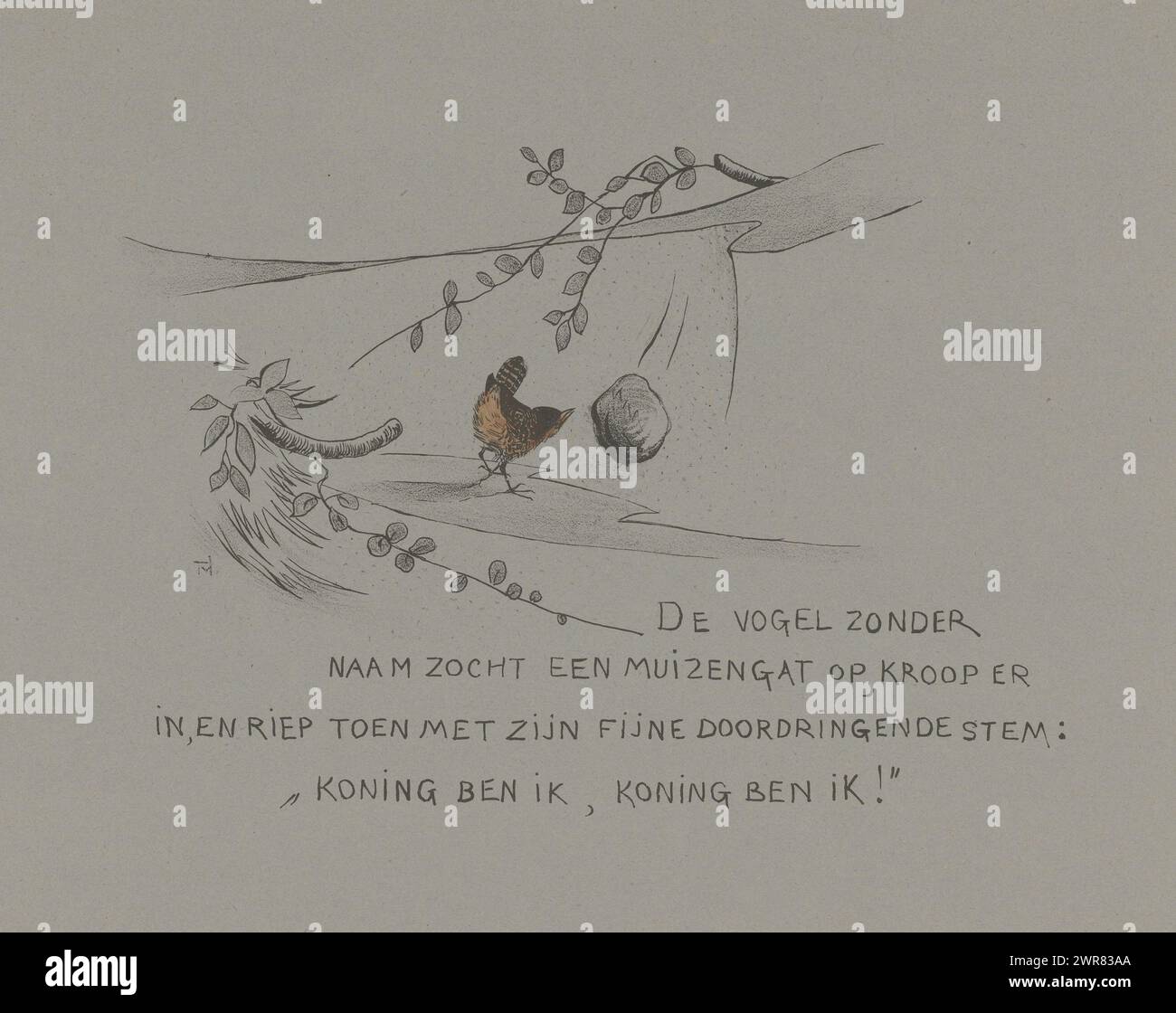 Winter Wren at a Mouse Hole, How the Birds Got a King (Originaltitel), Druckerei: Theo van Hoytema, Drucker: Firma S. Lankhout & Co., The Hague, 1892, Papier, Höhe 224 mm x Breite 281 mm, Höhe 319 mm x Breite 408 mm, Druck Stockfoto