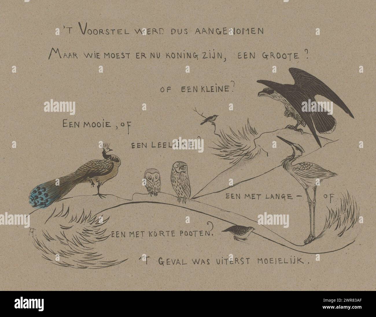 Textblatt mit Pfau, Eulen, Reiher und Greifvogel, How the Birds Got a King (Originalserientitel), Druckerei: Theo van Hoytema, Drucker: Firma S. Lankhout & Co., the Hague, 1892, Papier, Höhe 224 mm x Breite 281 mm, Höhe 319 mm x Breite 408 mm, Druck Stockfoto