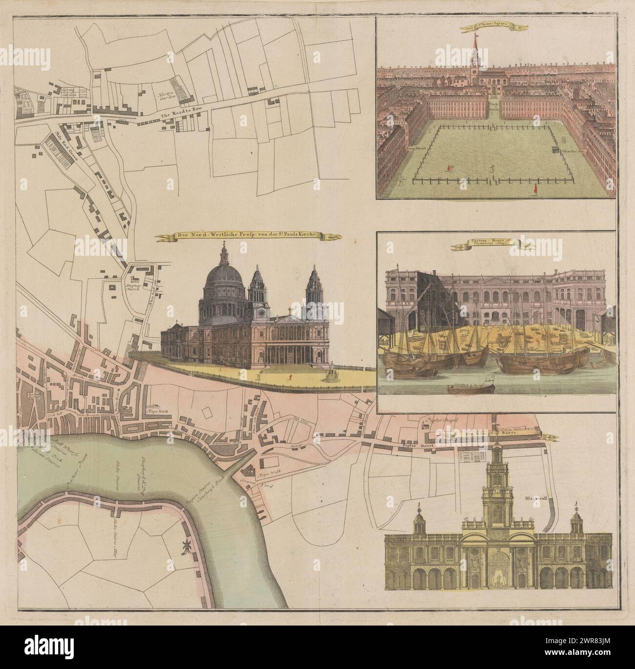 Karte von London (rechter Teil), Urbium Londini et West-Monasterii nec non suburbii Southwark (...) / Neuester grundris der staedte London und West-Münster, zusammen mit der Königsstadt Southwark (Titel auf Objekt), Druckerei: Anonym, Verlag: Erven Johann Baptista Homann, Neurenberg, 1736, Papier, Gravur, Ätzen, Höhe 521 mm x Breite 531 mm, bedruckt Stockfoto
