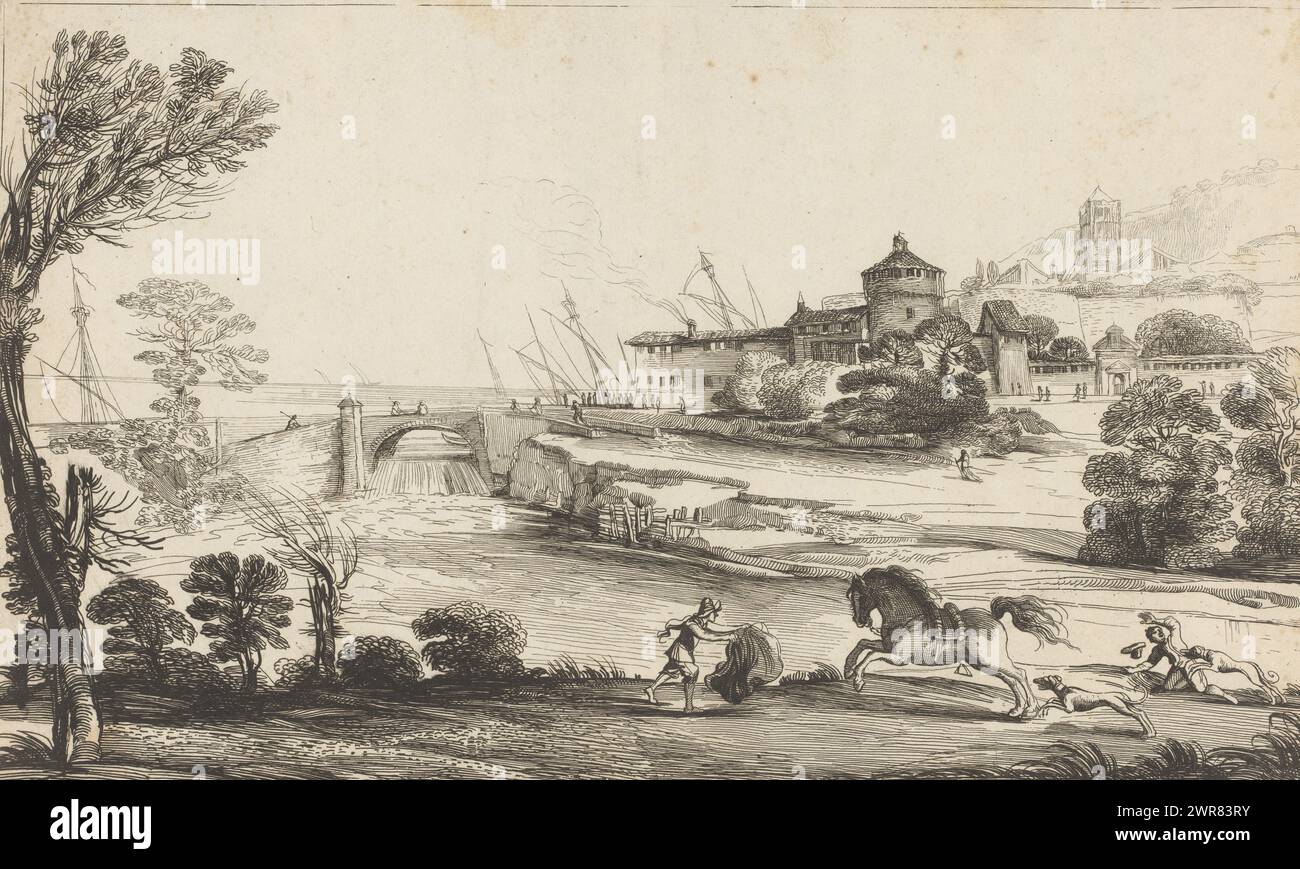 Landschaft mit gefallenem Reiter, Drucke und Zeichnungen aus dem Jabach-Schrank (Serientitel), Druckerei: Jean Pesne, nach Entwurf von: Guercino, 1666 - 1695, Papier, Ätzung, Höhe 260 mm x Breite 423 mm, Druck Stockfoto