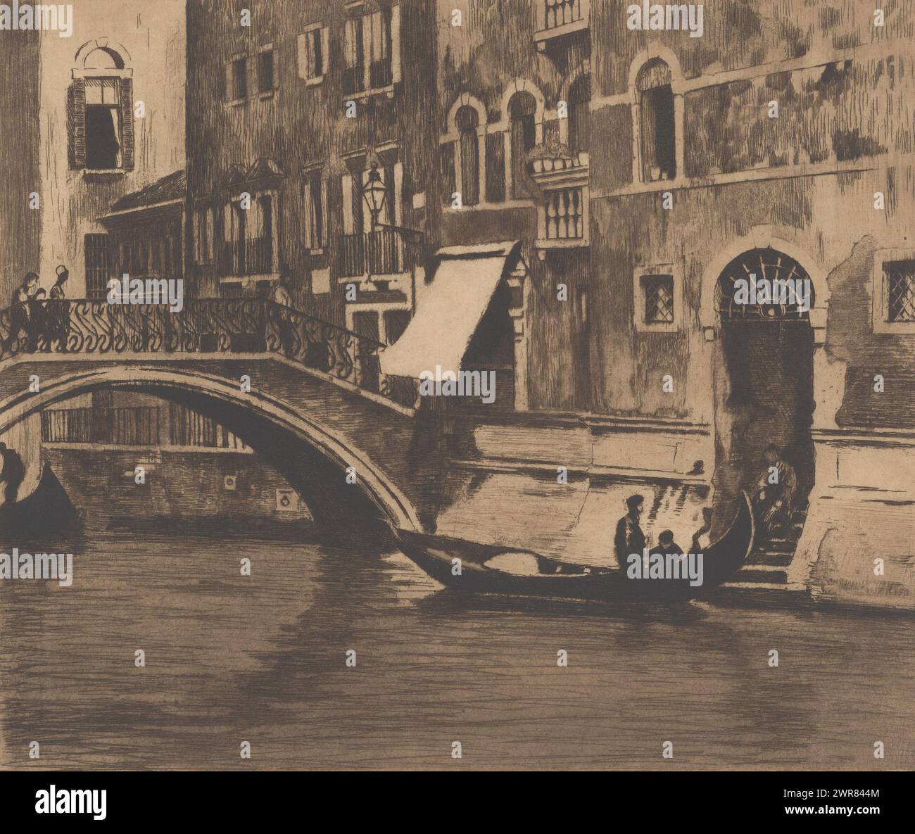 Gondelbahn an einer Brücke über einen Kanal in Venedig, Brücke am Campo Sant' Angelo, Venedig (Originaltitel), Druckerei: Willem Witsen, (signiert vom Künstler), ca. 1914 - ca. 1919, japanisches Papier (handgeschöpftes Papier), Ätzung, Höhe 348 mm x Breite 408 mm, Druck Stockfoto