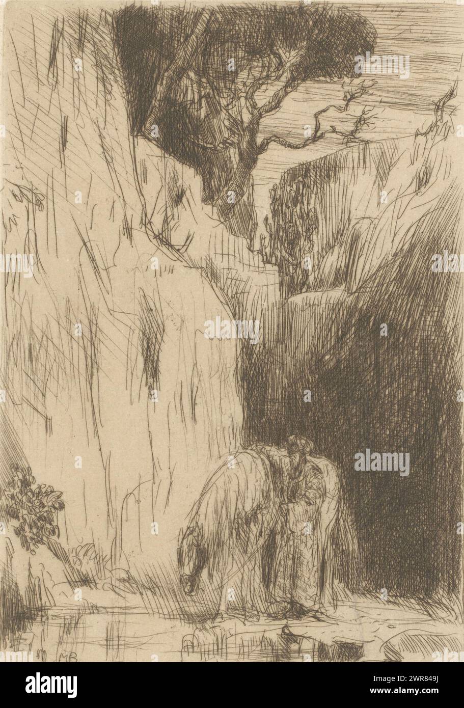 Am Brunnen lässt Ein Mann sein Pferd an einem Brunnen trinken. Im Hintergrund eine Klippe, auf der einige Bäume wachsen., Druckerei: Marius Bauer, (signiert vom Künstler), 1899, Papier, Ätzen, Höhe 176 mm x Breite 128 mm, bedruckt Stockfoto