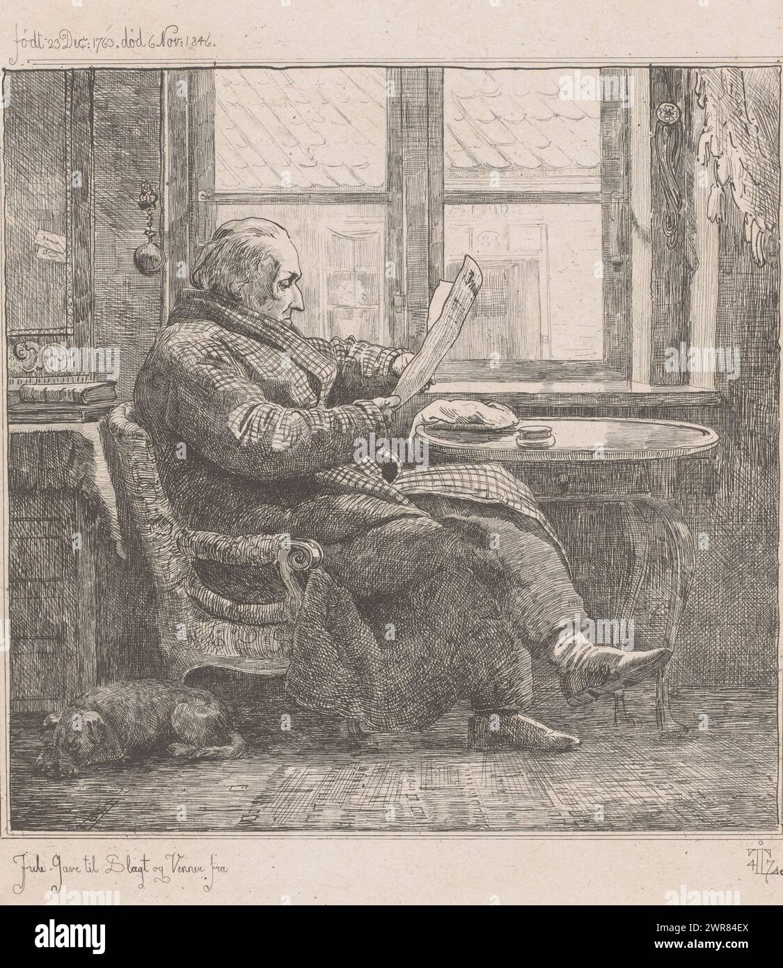 Der alte Mann liest die Zeitung am Fenster, Druckerei: Johan Thomas Lundbye, 1847, Papier, Ätzen, Höhe 236 mm x Breite 207 mm, Druck Stockfoto