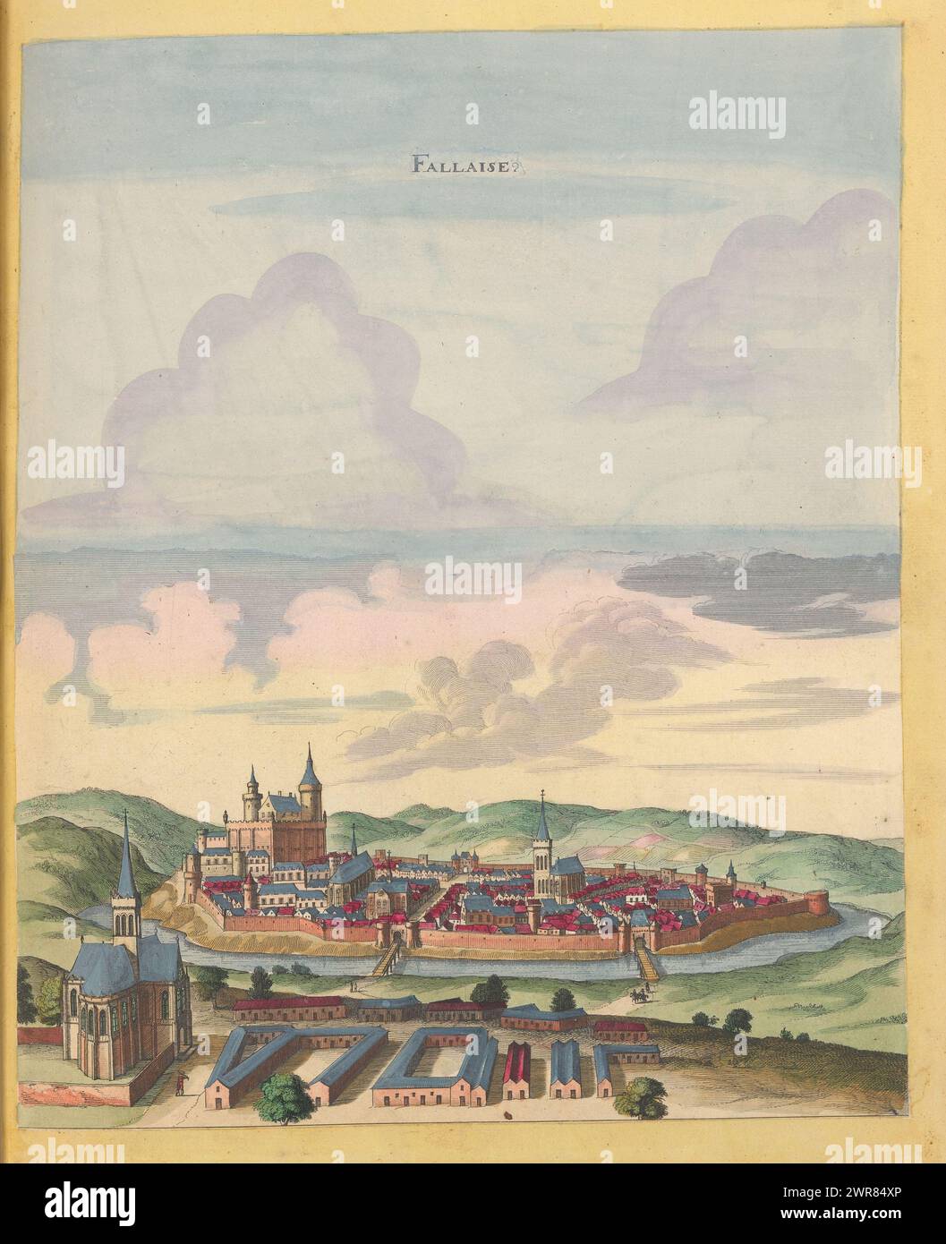 View of Falaise, Fallaise (Titel auf Objekt), dieser Druck ist Teil eines Albums., Druckerei: Anonym, nach Zeichnung von: Jan Peeters (I), (möglicherweise), Verlag: Caspar Merian, Verlag: Frankfurt am Main, den Haag, 1657, Papier, Gravur, Ätzen, Höhe 345 mm x Breite 285 mm, Höhe 532 mm x Breite 320 mm, bedruckt Stockfoto