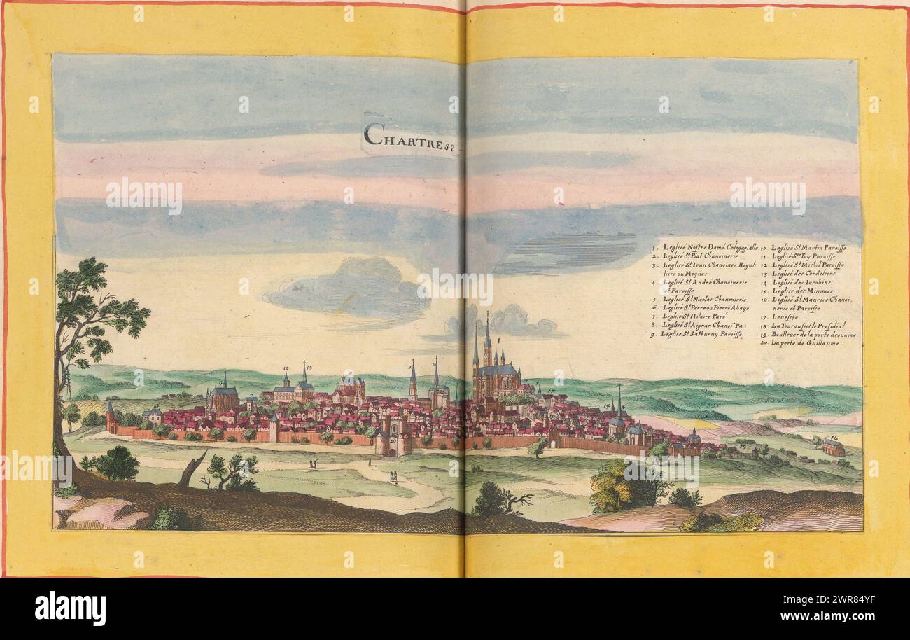 View of Chartres, Chartres (Titel auf Objekt), dieser Druck ist Teil eines Albums., Druckerei: Anonym, Verlag: Caspar Merian, Anna Beeck, Verlag: Frankfurt am Main, den Haag, 1657, Papier, Gravur, Ätzen, Höhe 178 mm x Breite 318 mm, Höhe 532 mm x Breite 636 mm, bedruckt Stockfoto