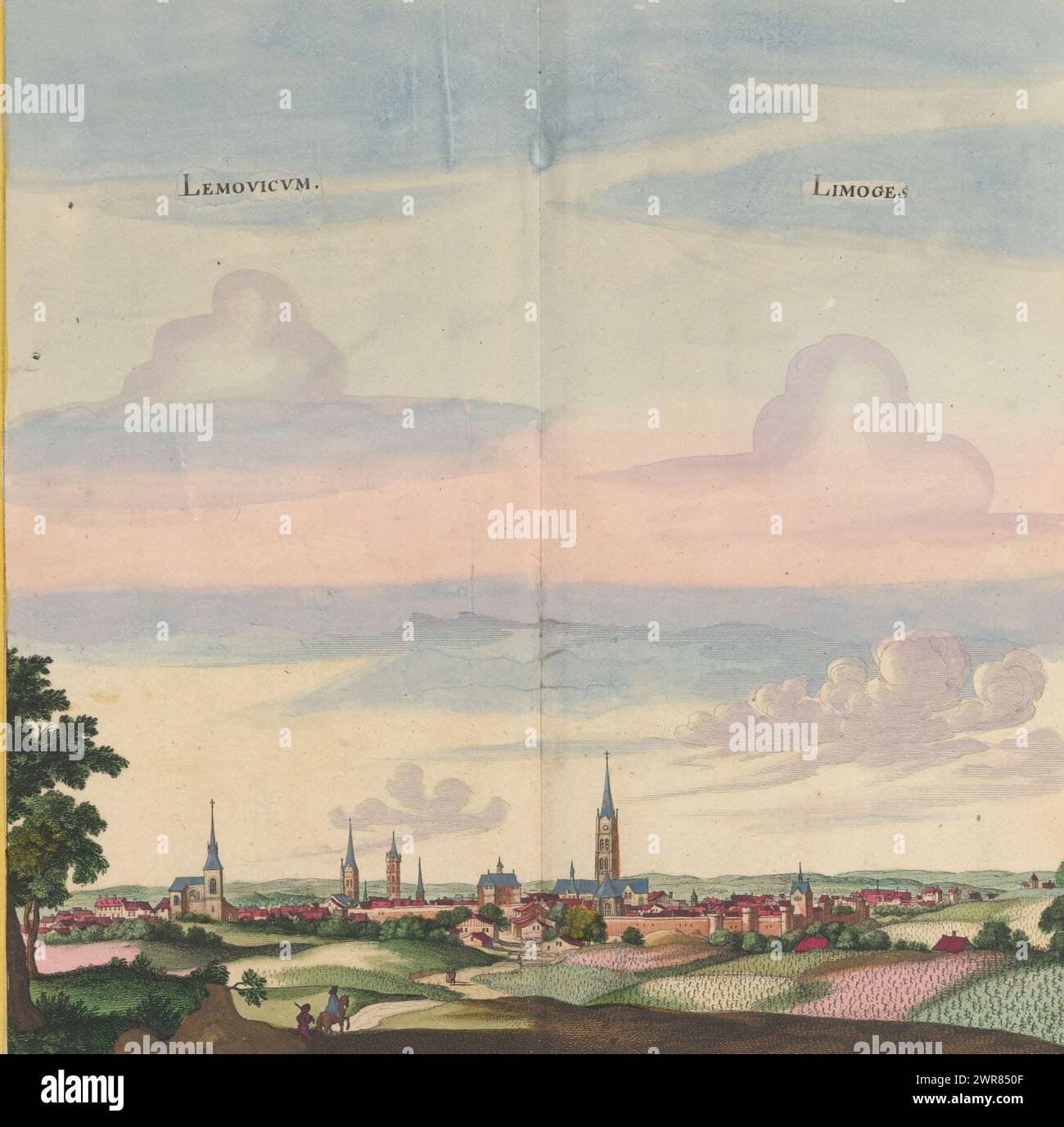 View of Limoges, Lemovicum / Limoges (Titel auf Objekt), dieser Druck ist Teil eines Albums., Druckerei: Anonym, Verlag: Caspar Merian, Anna Beeck, Verlag: Frankfurt am Main, den Haag, 1657, Papier, Gravur, Ätzen, Höhe 306 mm x Breite 307 mm, Höhe 532 mm x Breite 636 mm, bedruckt Stockfoto