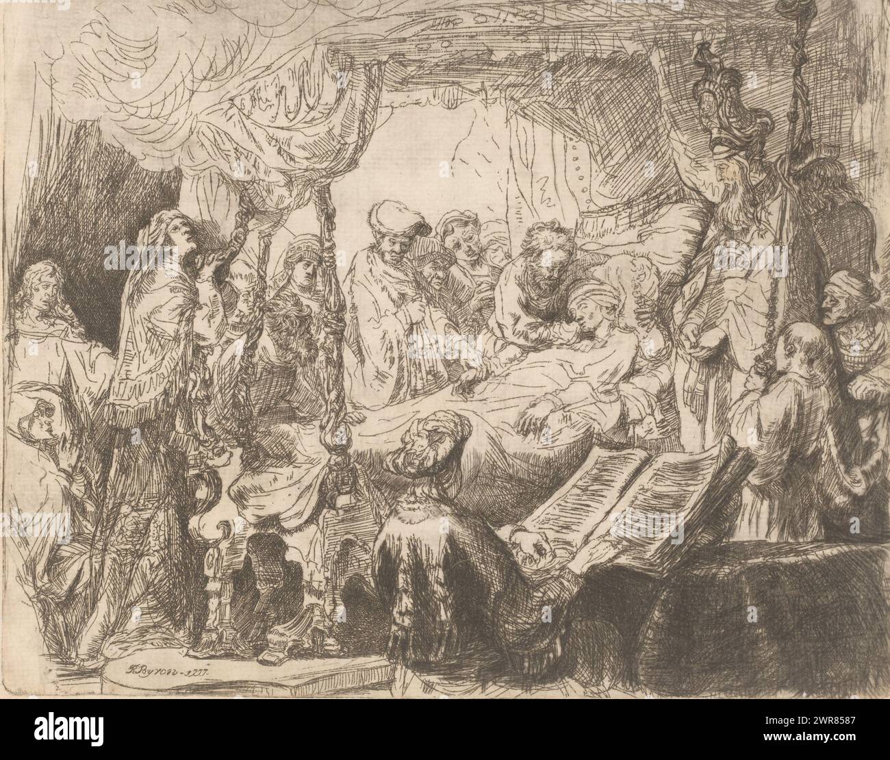 Der Tod der Jungfrau, Druckerei: Richard Byron, nach Druck von: Rembrandt van Rijn, 1777, Papier, Ätzen, Höhe 185 mm x Breite 235 mm, Druck Stockfoto