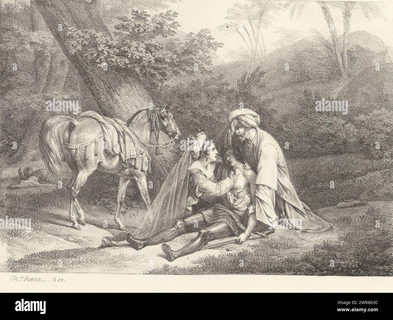 Kniende Frau und Mann in der Nähe eines verwundeten Soldaten, Serie von Lithographien (Serientitel), Receuil de dessins sur pierre (Serientitel), Print ist Teil eines Albums., Druckerei: Horace Vernet, 1818, Papier, Höhe 299 mm x Breite 440 mm, Druck Stockfoto