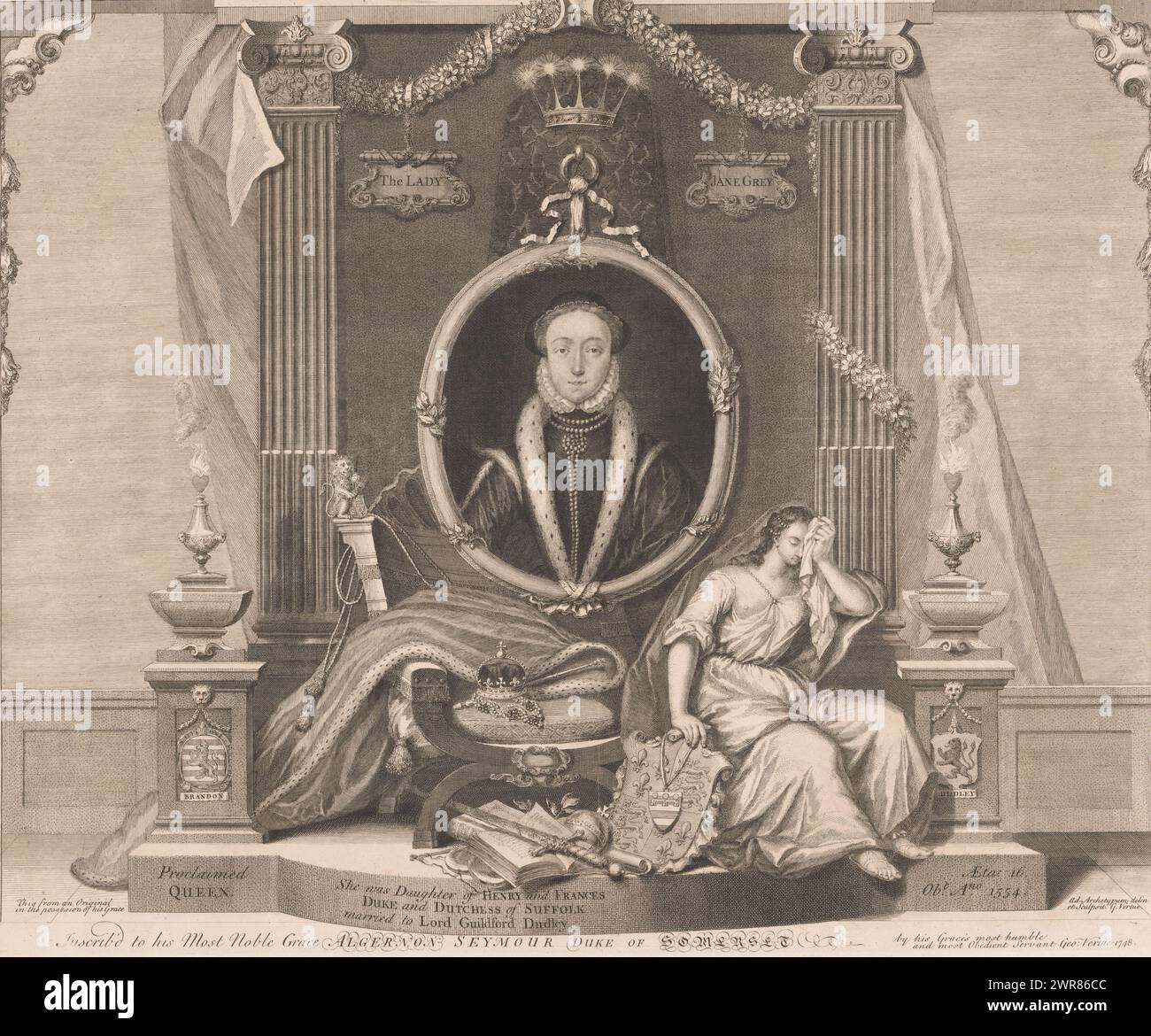 Porträt von Elizabeth I. von England, die Lady Jane Gray (Titel auf Objekt), Portraits of the Tudors (Titel der Serie), Historical Portraitures (Titel der Serie), Druckerei: George Vertue, nach eigenem Entwurf von: George Vertue, nach Malerei von: Anonym, London, 1748, Papier, Ätzen, Höhe 473 mm x Breite 567 mm, bedruckt Stockfoto