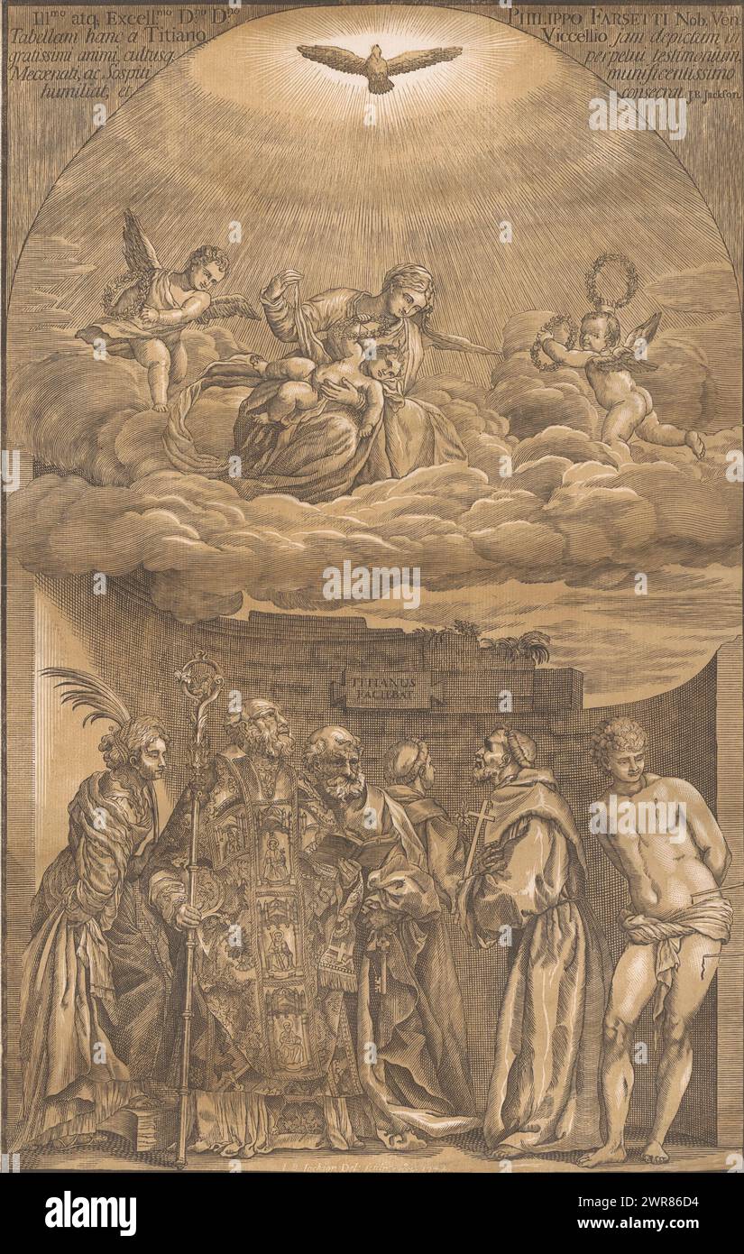 Mary in the Clouds and Six Saints, Kunstwerke venezianischer Meister (Serientitel), Opera selectiora (Serientitel), Druckerei: John Baptist Jackson, nach Design von: Titiaan, John Baptist Jackson, 1745, Papier, Höhe 599 mm x Breite 397 mm, Druck Stockfoto
