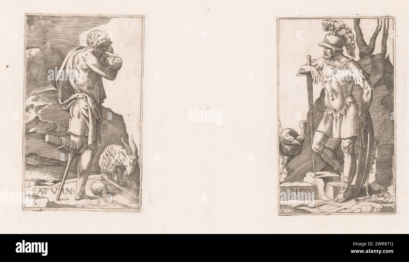 Saturn mit Holzbein und Baby in den Armen, Saturn (Titel auf Objekt), Planeten (Serientitel), Druckerei: Georges Reverdy, Druckerei: Giulio Bonasone, 1536 - 1569, Papier, Gravur, Höhe 151 mm x Breite 92 mm, Druck Stockfoto