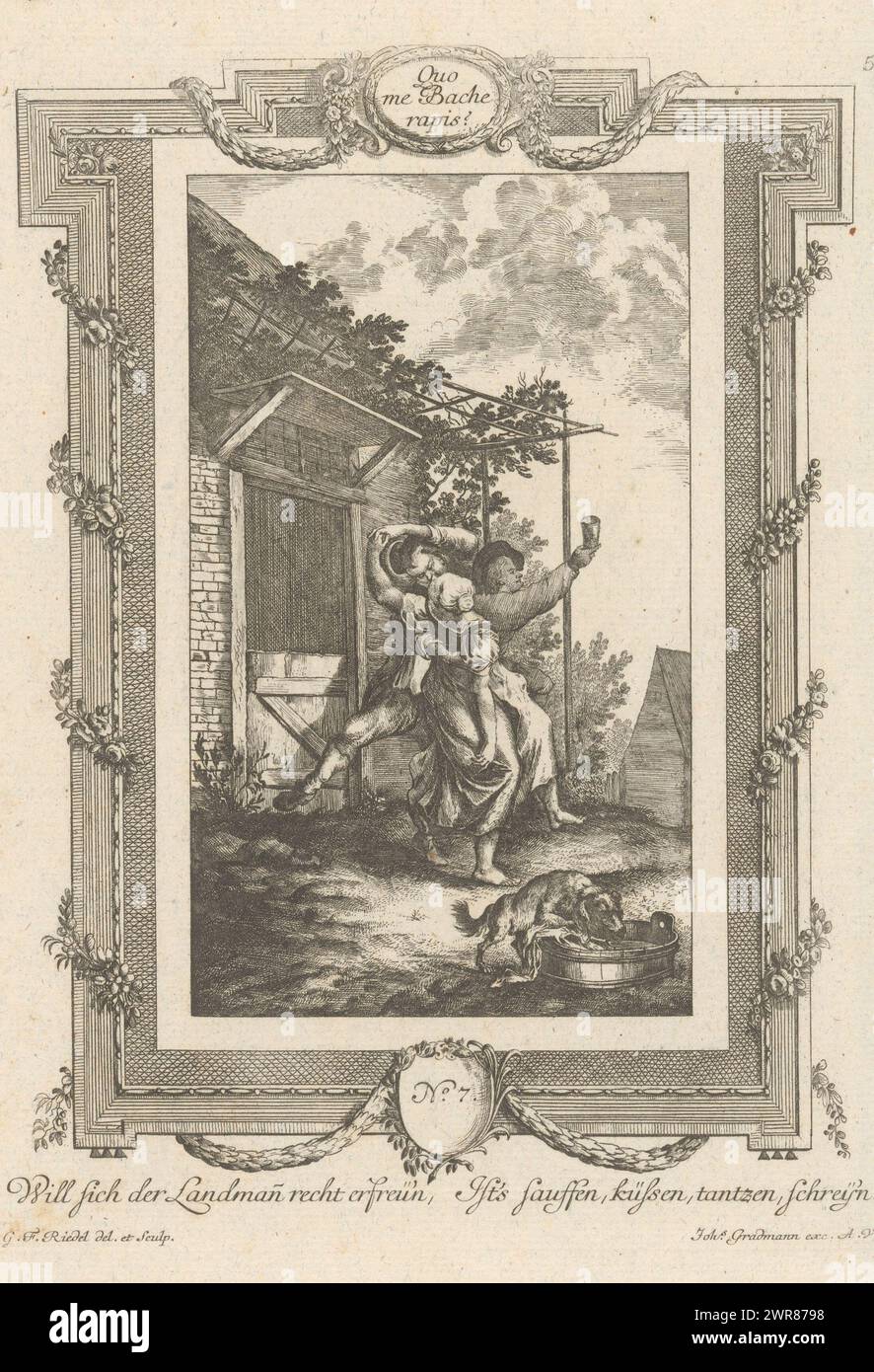 Verliebtes Paar, das sich küsst, quo mir Bache Rapis? (Titel auf Objekt), Pastoral Love Scenes (Serientitel), Ein Liebespaar küsst und tanzt vor einem Gebäude im Freien. Zu ihrer Rechten hält ein Mann seinen Becher in der Luft. Rechts vorne trinkt ein Hund aus einer Schüssel Wasser. Ein Rahmen mit Girlanden umgibt die Szene. Deutscher Text am unteren Rand. Verlag Nr. 7., Druckerei: Gottlieb Friedrich Riedel, nach eigenem Entwurf von: Gottlieb Friedrich Riedel, Verlag: Johann Gradmann, Augsburg, 1778 - 1779, Papier, Ätzen, Höhe 231 mm, Breite 171 mm Stockfoto
