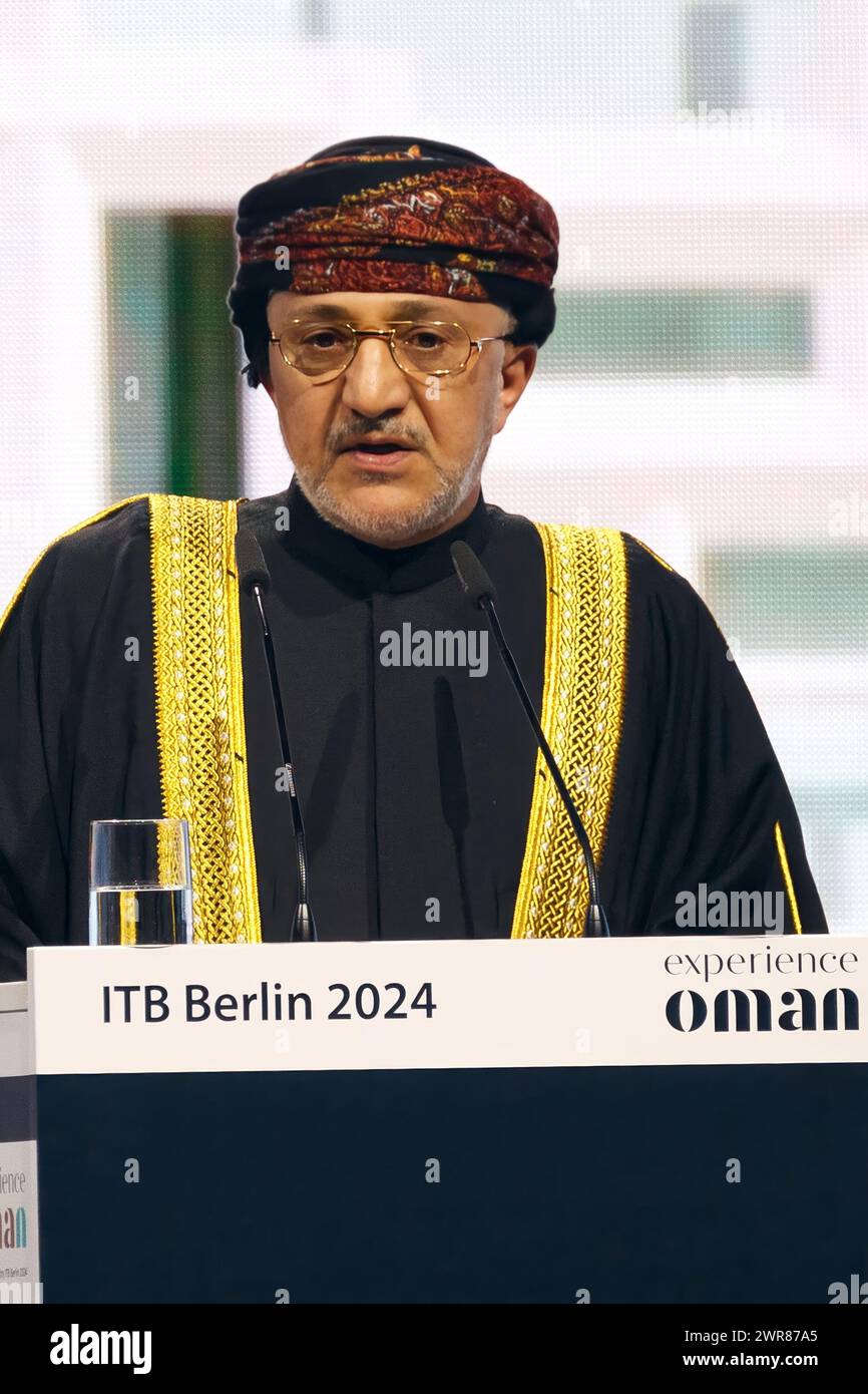 Rede seiner Exzellenz Salim bin Mohammed Al Mahrouqi, omanischer Minister für Kulturerbe und Tourismus, ITB Berlin Convention - Tourismusmesse, City Cube Messe Stockfoto