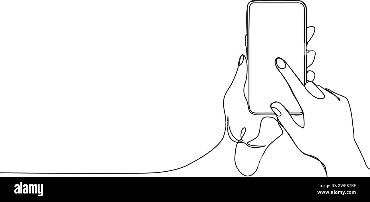 Durchgehende einzeilige Zeichnung der Hände, die das Smartphone halten, Strichgrafik-Vektor-Illustration Stock Vektor