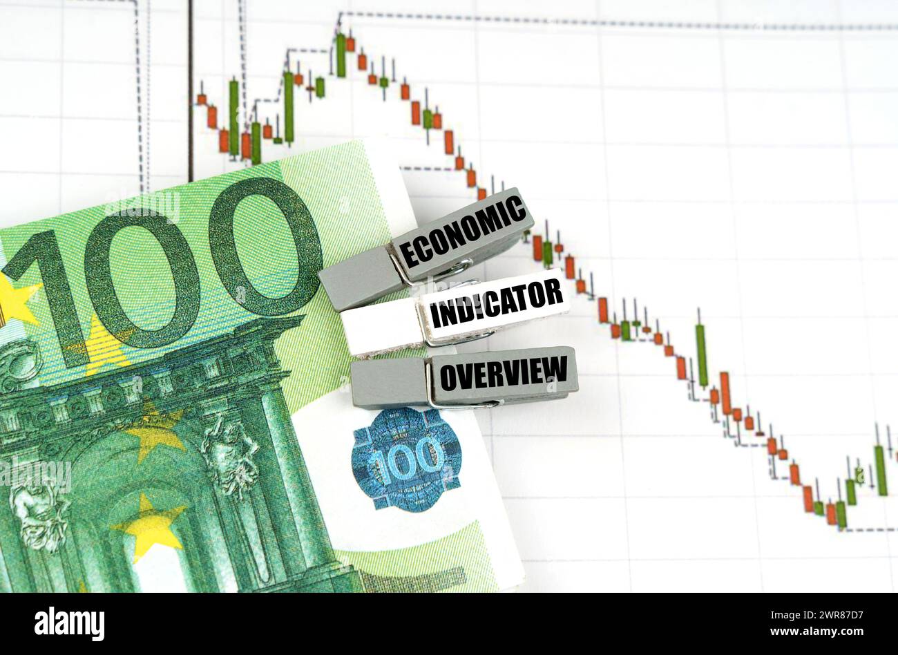 Geschäftskonzept. Auf der Angebotstabelle befinden sich Euro und Kleiderschränke mit der Aufschrift „Überblick über Wirtschaftsindikatoren“ Stockfoto
