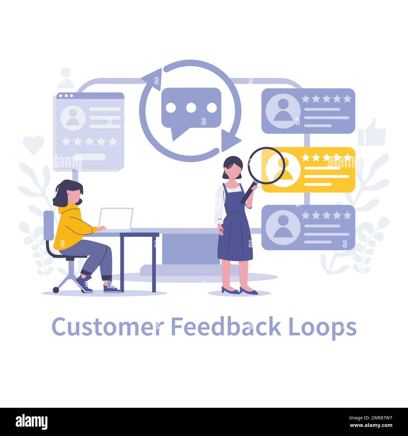 Konzept „Customer Feedback Loops“. Iterativer Prozess zur kontinuierlichen Verbesserung basierend auf Kundeneingaben. Verbesserung der Servicequalität durch Rezensionen. Vektorabbildung. Stock Vektor