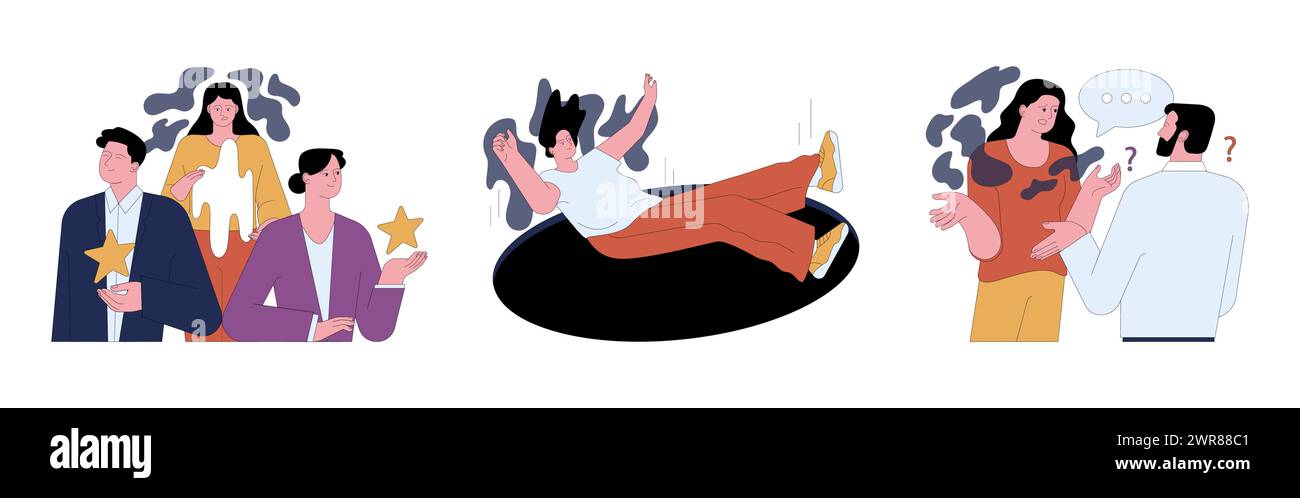 Menschliche Ängste gesetzt. Verängstigte Charaktere, die sich persönlichen Phobien stellen. Verängstigte ängstliche Person mit Panikstörung. Psychologisches Problem. Illustration des flachen Vektors Stock Vektor