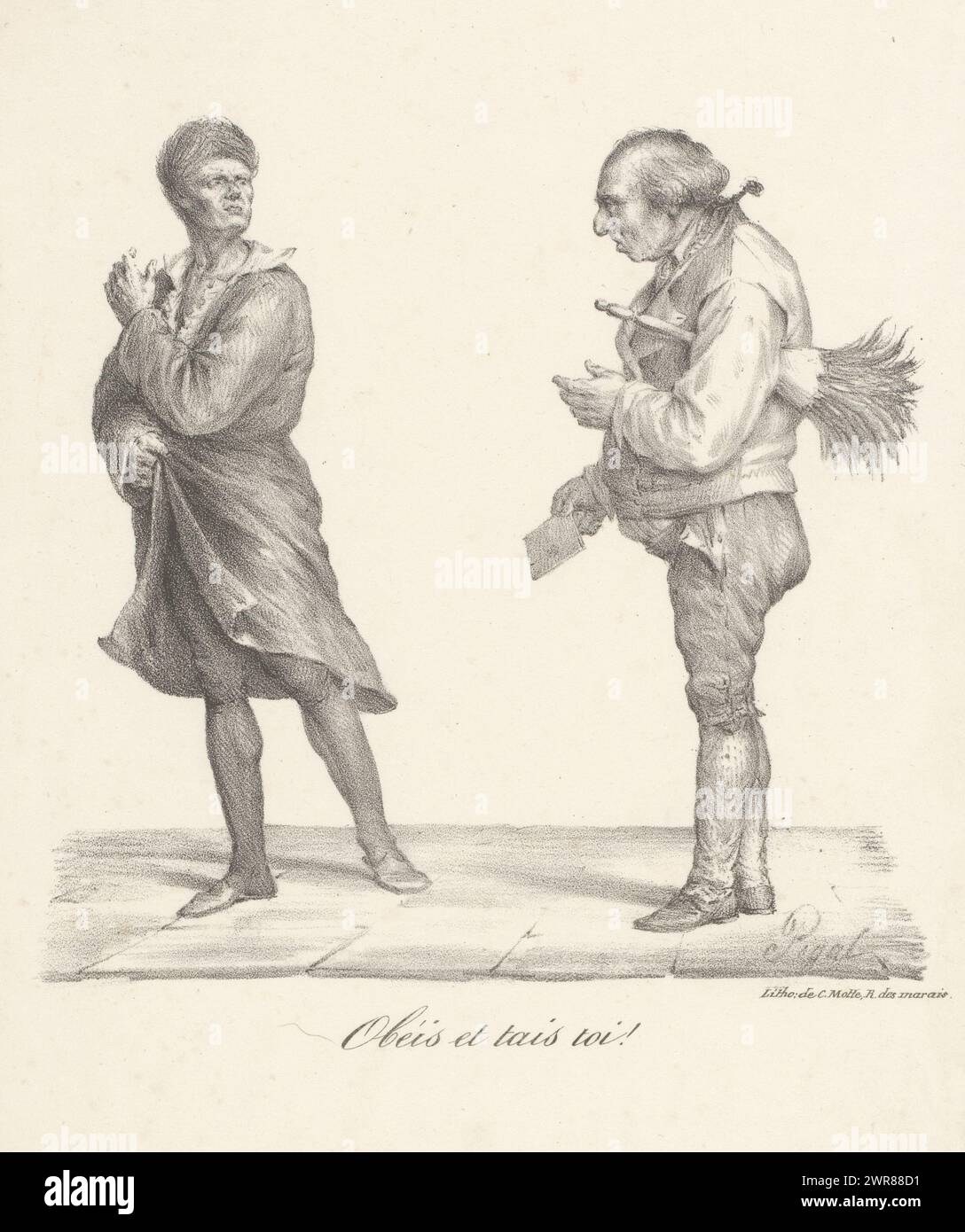 Ein Mann im locker sitzenden Mantel sieht den Mann mit Federstaub und Brief, Obéis et tais toi, hochmütig an! (Titel auf Objekt), Druckerei: Edme Jean Pigal, Drucker: Charles Etienne Pierre Motte, Paris, 1822, Papier, Höhe 275 mm x Breite 214 mm, Druck Stockfoto