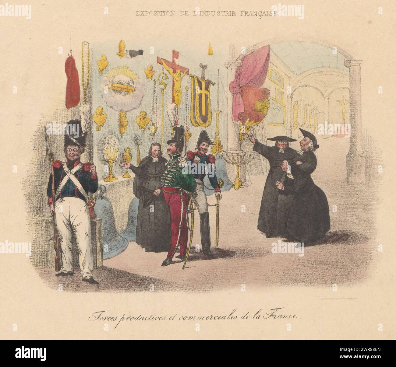 Cartoon über die Produktion kirchlicher Objekte, Exposition de l'Industrie francaise / Forces productives et commerciales de la France (Titel über Objekt), Cartoon über die Produktion kirchlicher Objekte in Frankreich. Eine Reihe von Soldaten und Geistlichen bewundern eine Ausstellung katholischer Kirchenobjekte an der Wand., Druckerei: Anonym, Frankreich, 1798 - 1849, Papier, Höhe 232 mm x Breite 300 mm Stockfoto