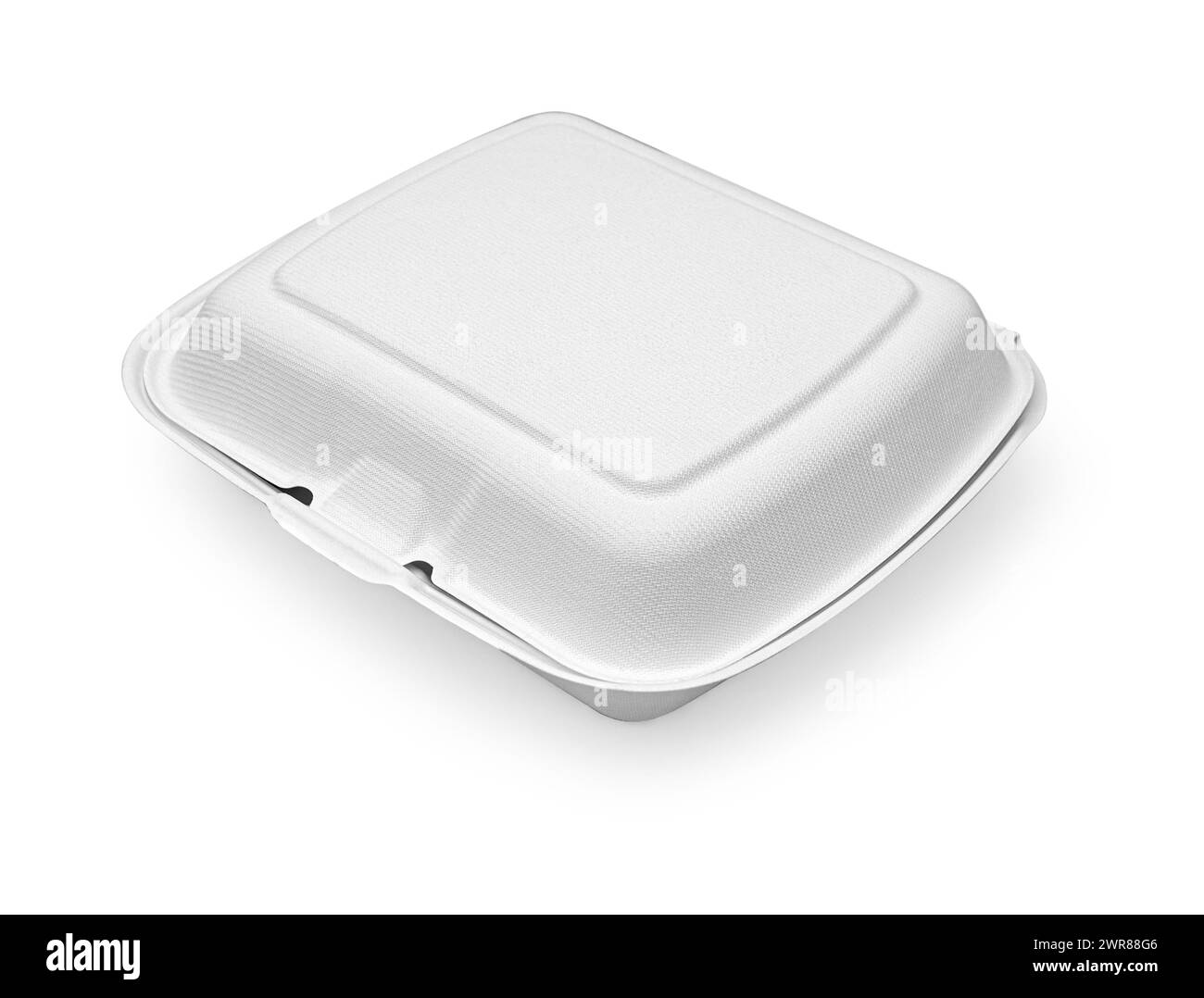 Ein geschlossener weißer Karton zum Mitnehmen, weißer Hintergrund. Einweg-Lebensmittelverpackungsbox, Behälter, Draufsicht, Stockfoto